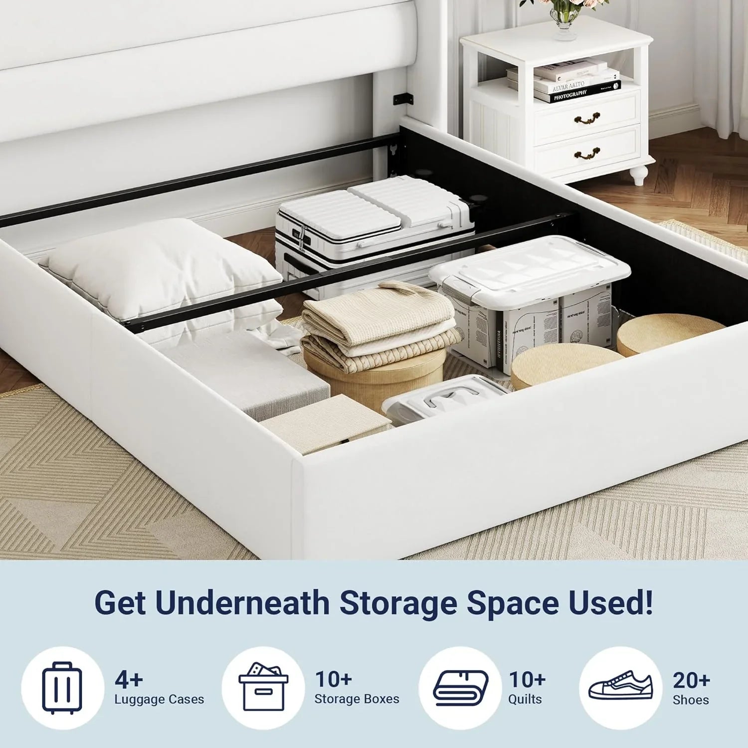 Lit queen-size relevable avec rangement Allewie, tête de lit à oreilles moderne et support hydraulique