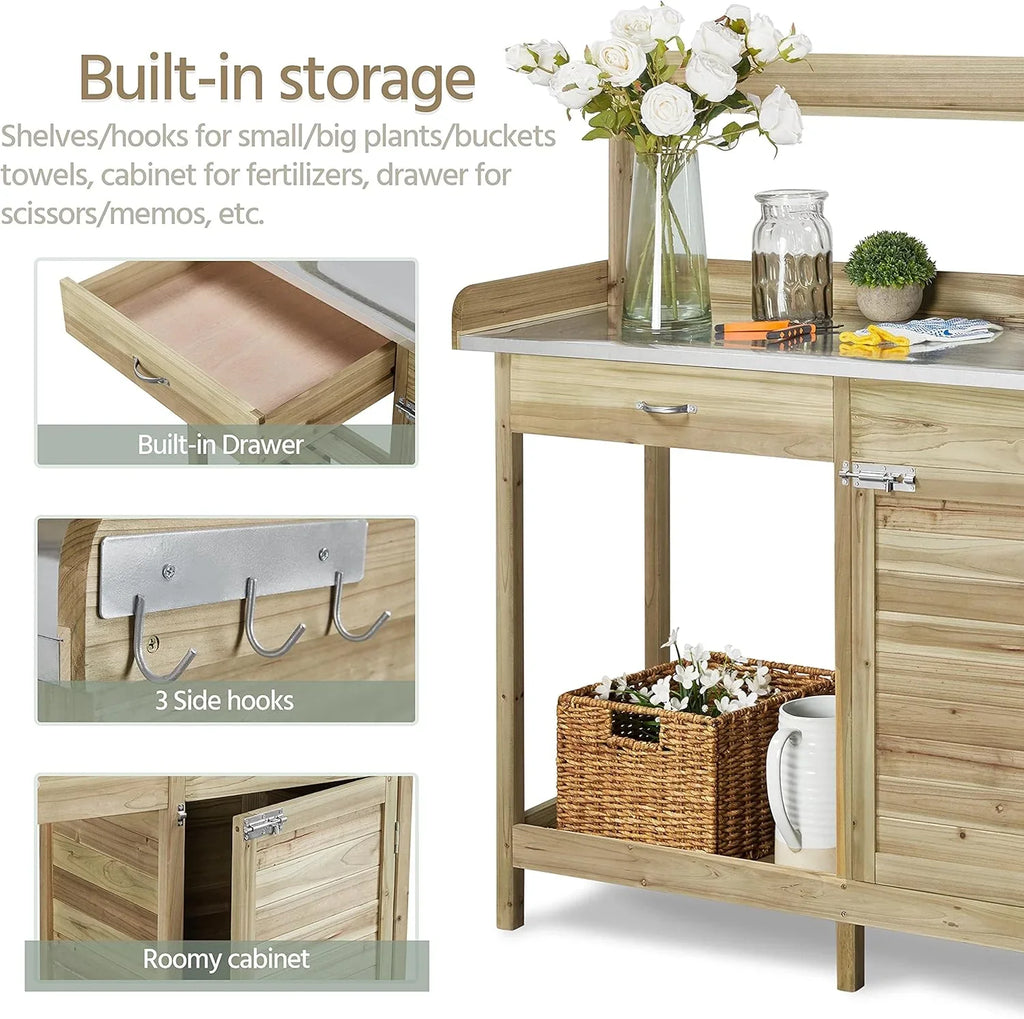 Yaheetech Banc de jardin extérieur avec plateau en métal et tiroir, étagère ouverte, bois naturel