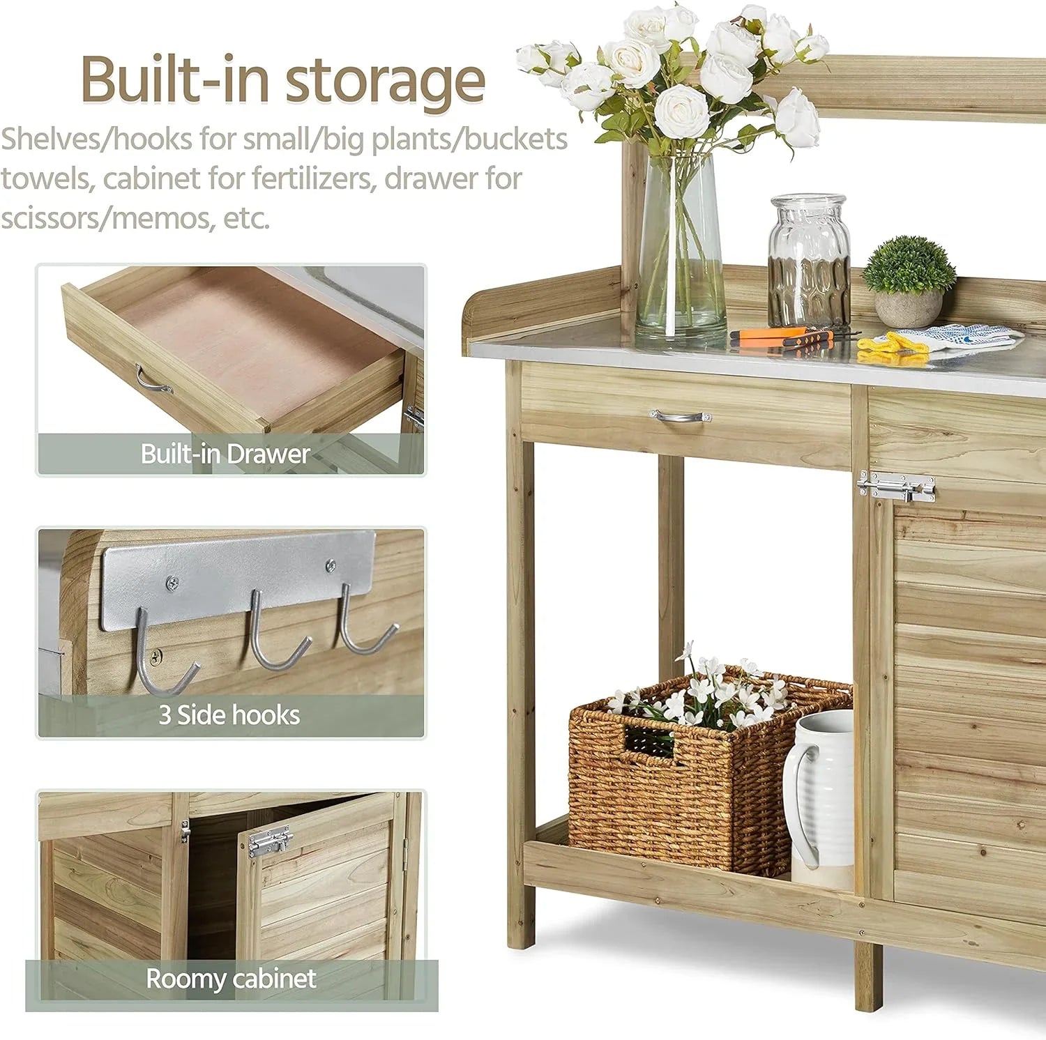 Yaheetech Banc de jardin extérieur avec plateau en métal et tiroir, étagère ouverte, bois naturel