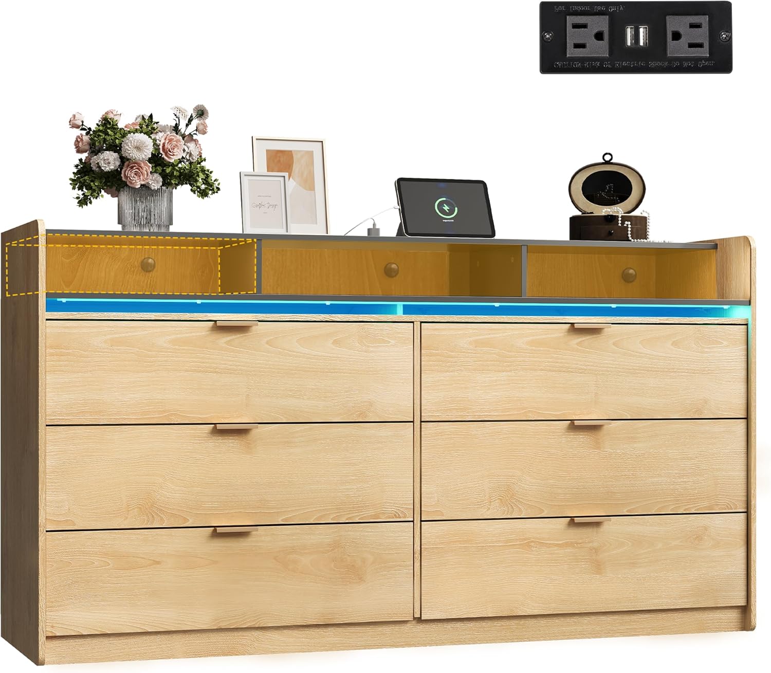 Commode LED à 9 tiroirs pour chambre à coucher, 148 cm de large, organiseur de rangement en bois avec prise électrique