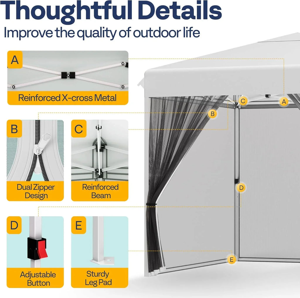 Auvent escamotable facile à monter de 10 x 10 pieds, tente moustiquaire d'extérieur avec moustiquaire, 2 portes à glissière et sac à roulettes
