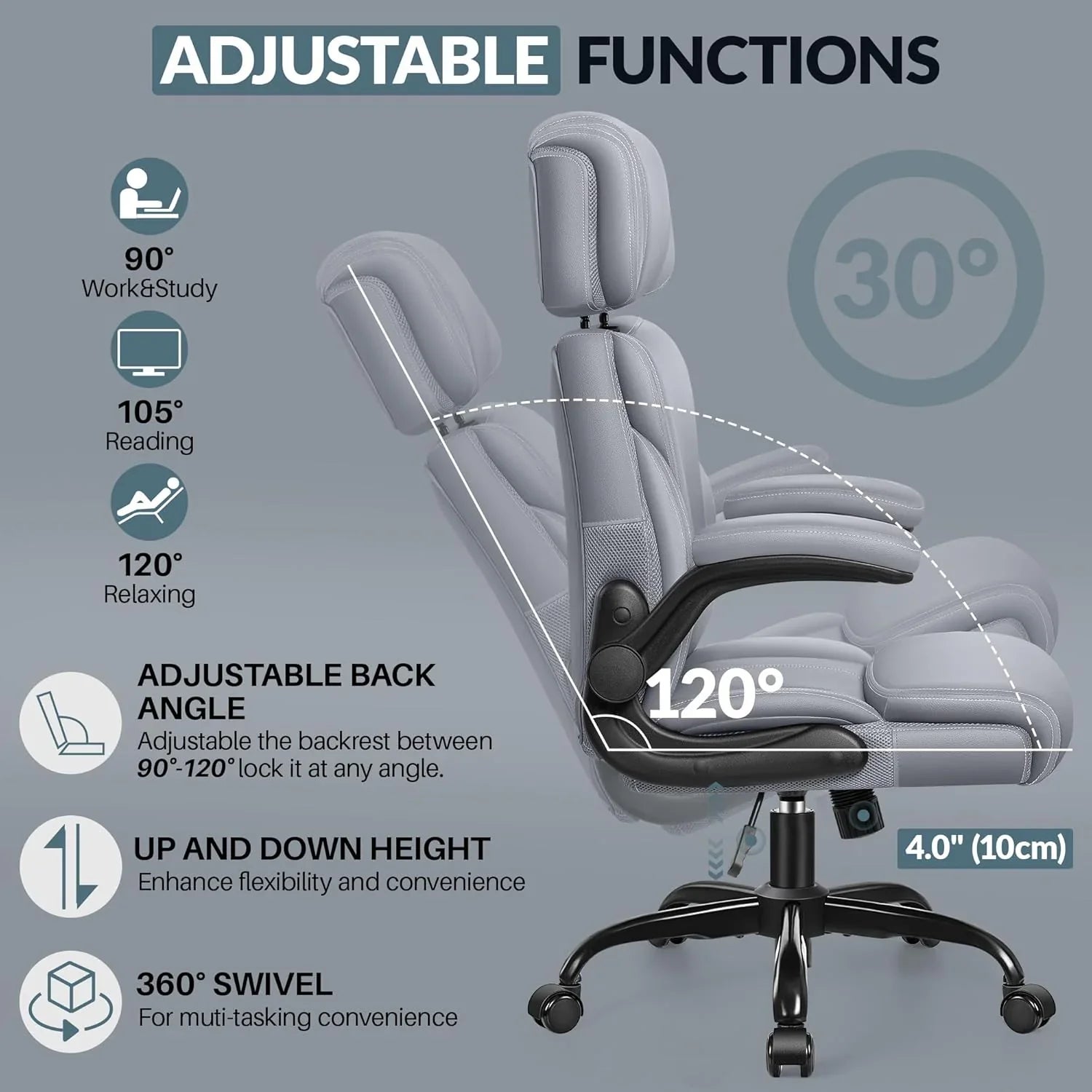 Chaise de bureau pivotante à pieds hauts, en cuir respirant, avec support lombaire