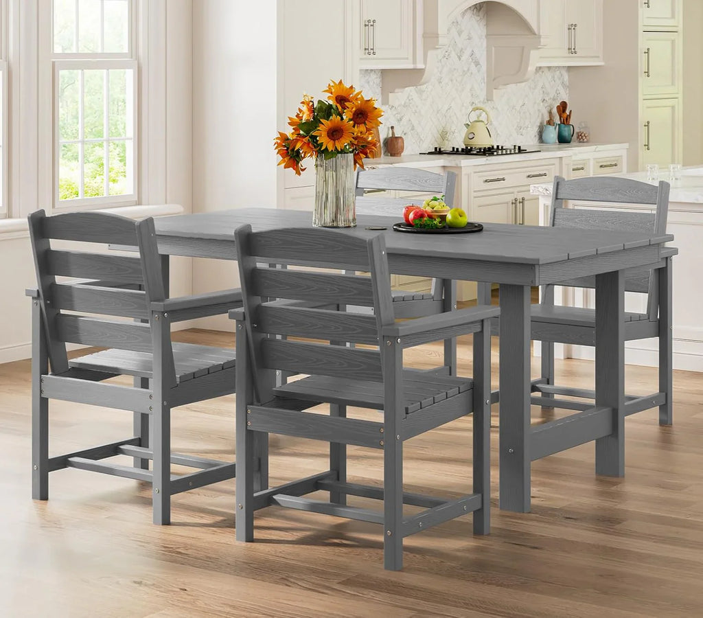 Ensemble de salle à manger d'extérieur en PEHD, 7 pièces, avec table découpée pour parasol et 6 chaises