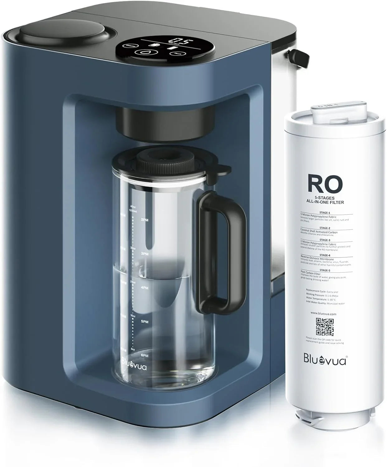 Système d'osmose inverse Bluevua RO100ROPOT-Lite (UV), purificateur d'eau de comptoir, purification en 7 étapes, avec fonctions UV et de reminéralisation, surveillance du TDS et de la durée de vie du filtre
