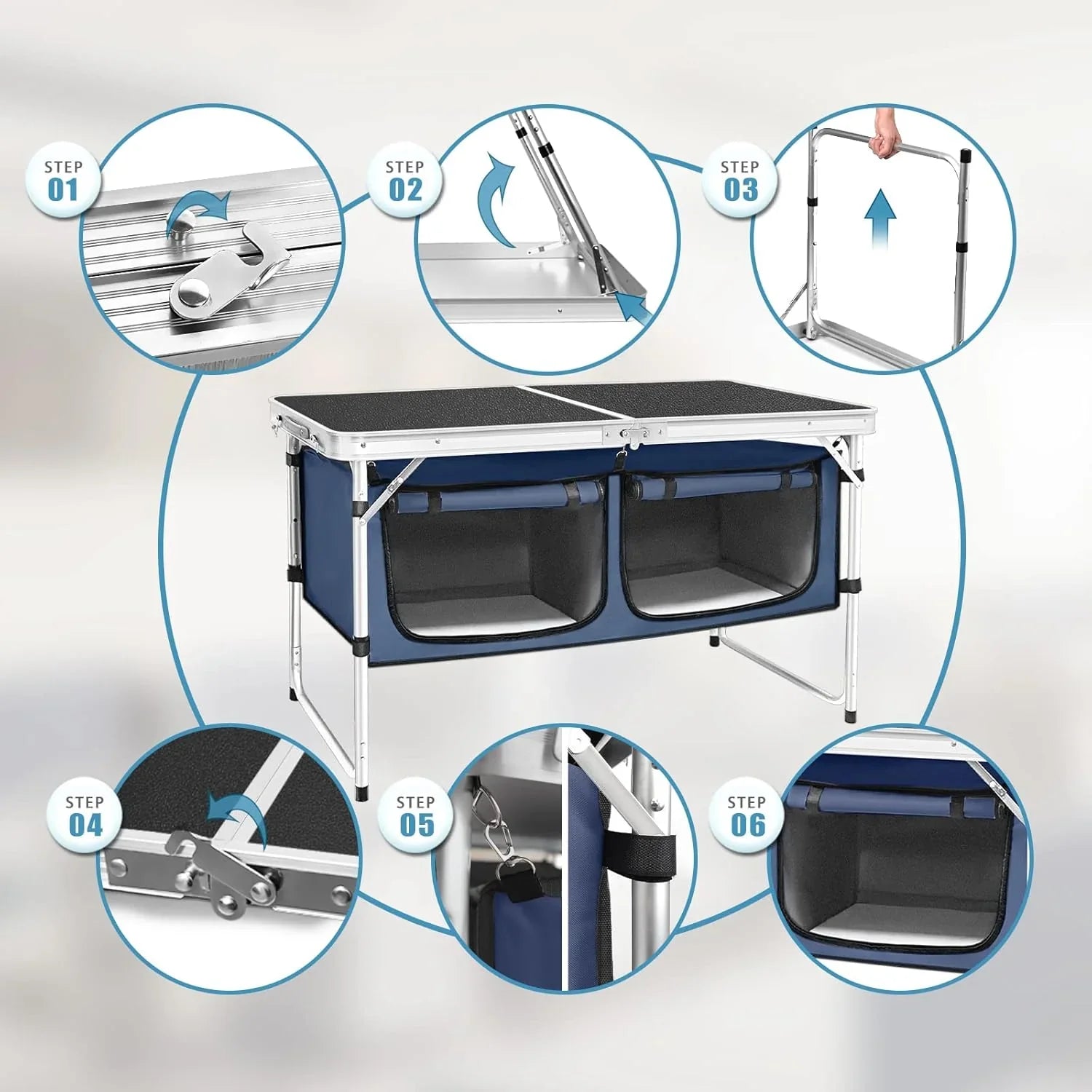 Table pliante d'extérieur en aluminium, légère, réglable en hauteur, avec rangement, pour barbecue, fête, camping