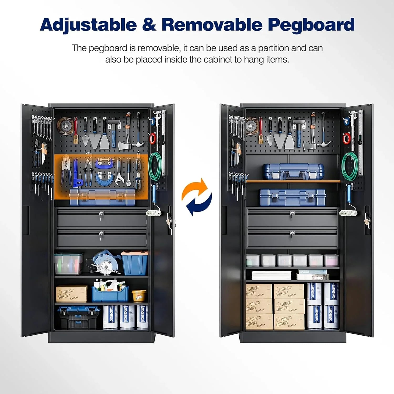 Armoire de rangement de garage en métal Yizosh avec portes verrouillables et 2 tiroirs, armoire à outils robuste en acier avec panneau perforé, 71" - Armoires verrouillables