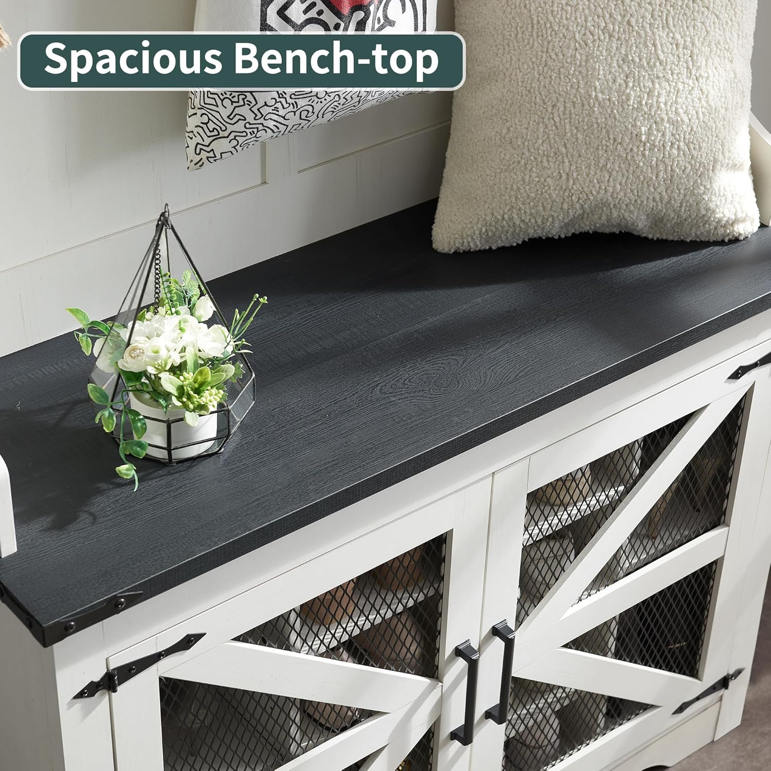 JXQTLINGMU Arbre de foyer de ferme de 59 pouces avec rangement pour chaussures, banc d'entrée, porte-manteau, armoire