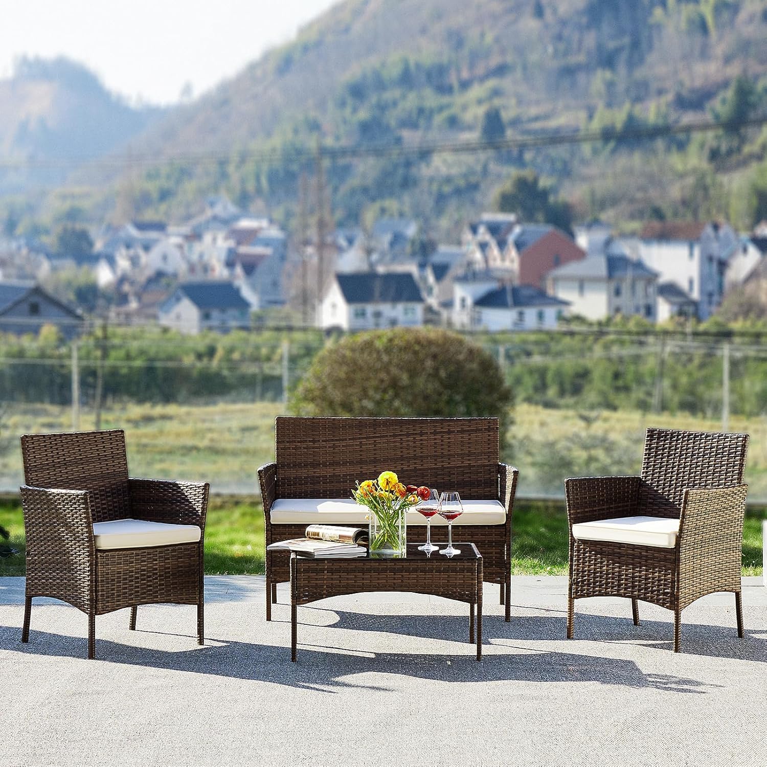 Ensemble de meubles de patio 3 pièces Sweetcripy, en osier tressé à la main