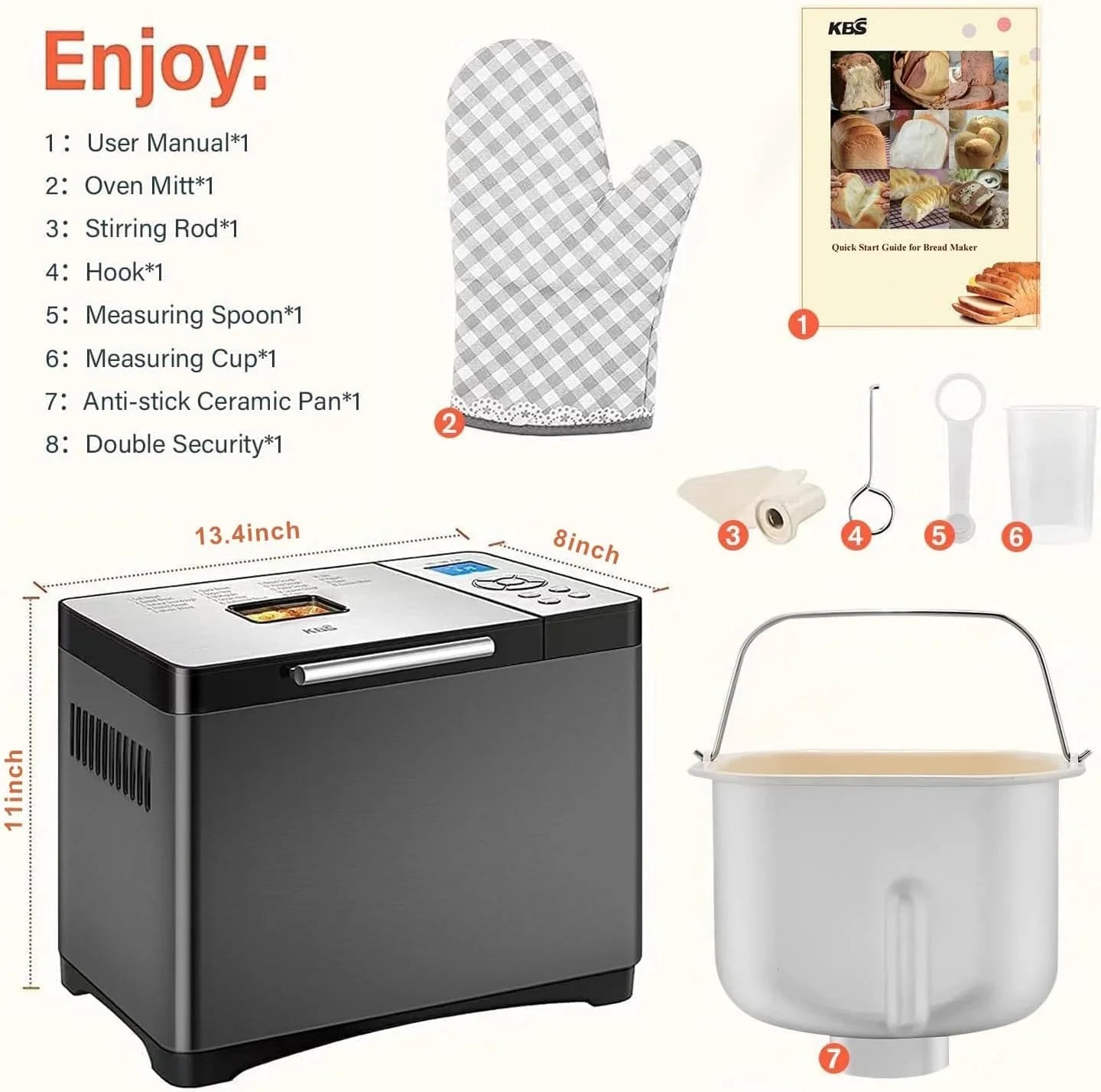 Machine à pain KBS 2 lb, machine à pain automatique 19 en 1 en acier inoxydable avec cuve en céramique, 650 W, 3 tailles de pain