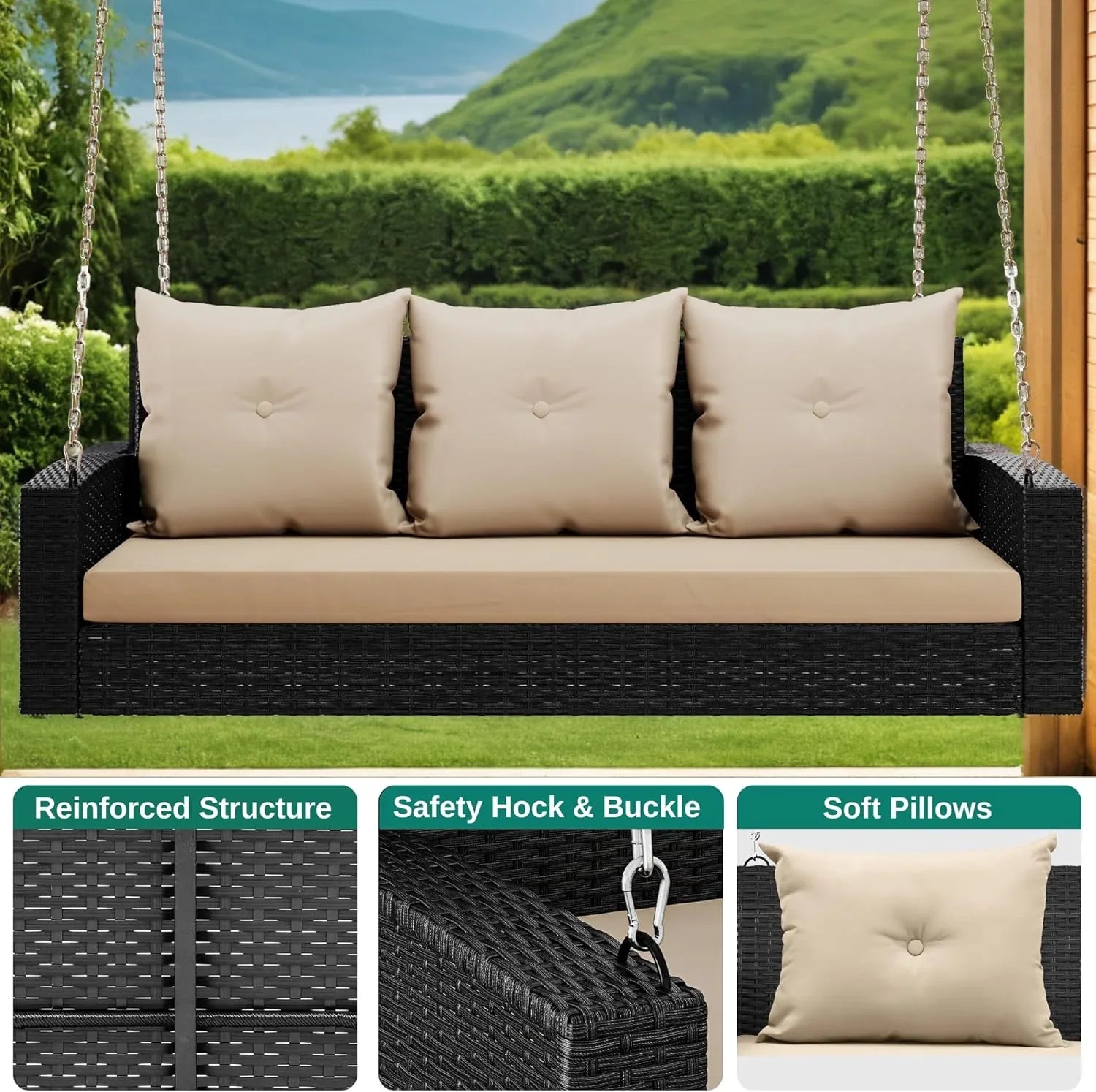 YITAHOME Balancelle suspendue pour porche, 3 places, banc d'extérieur en osier