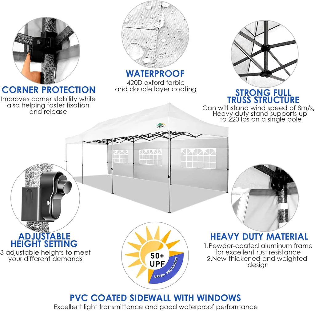 Tente pop-up robuste COBIZI 10x20 avec 6 parois latérales, facile à installer