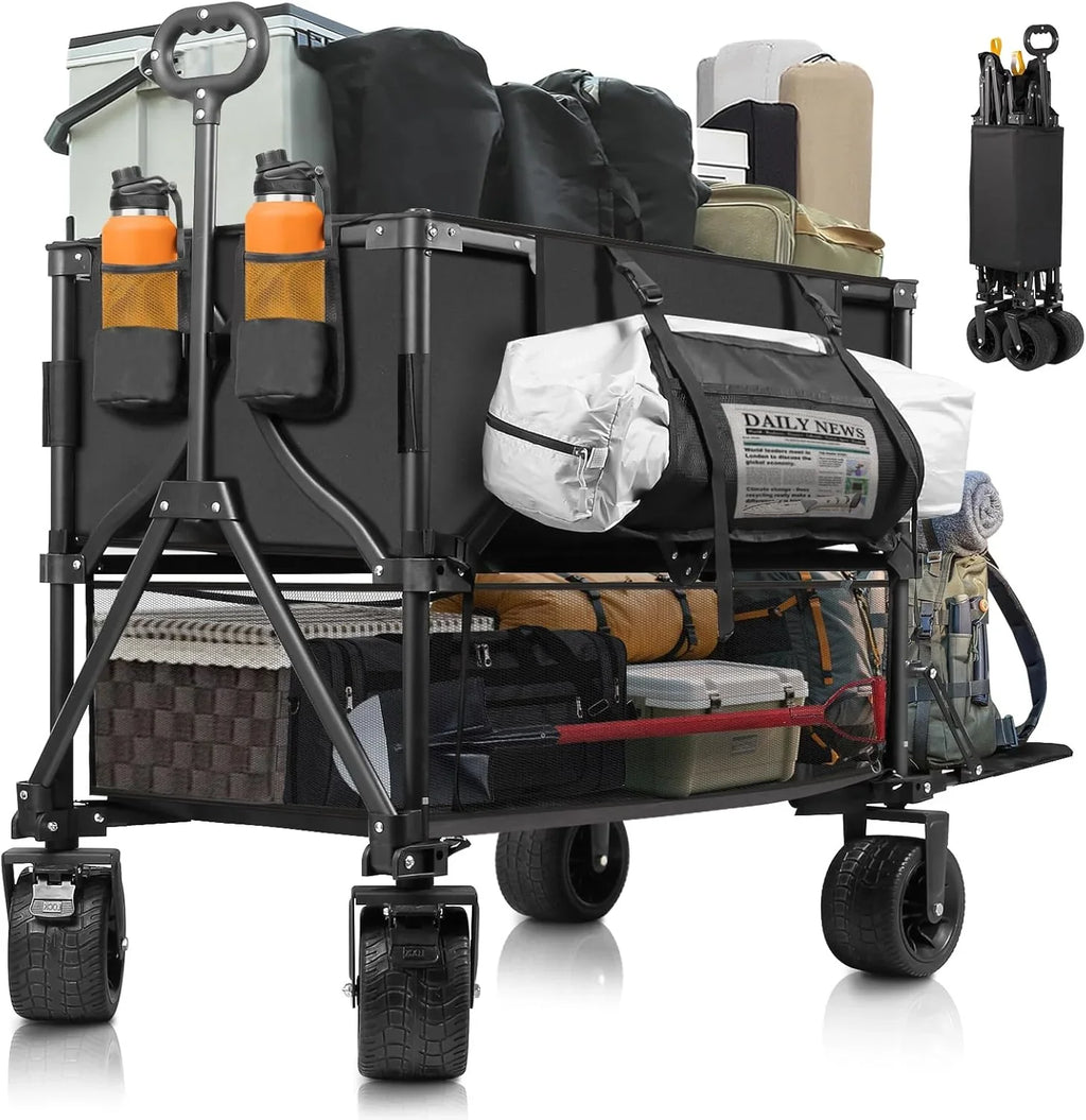 Chariot utilitaire pliable à deux étages, robuste, capacité de 600 lb, capacité de 400 l, avec grandes roues