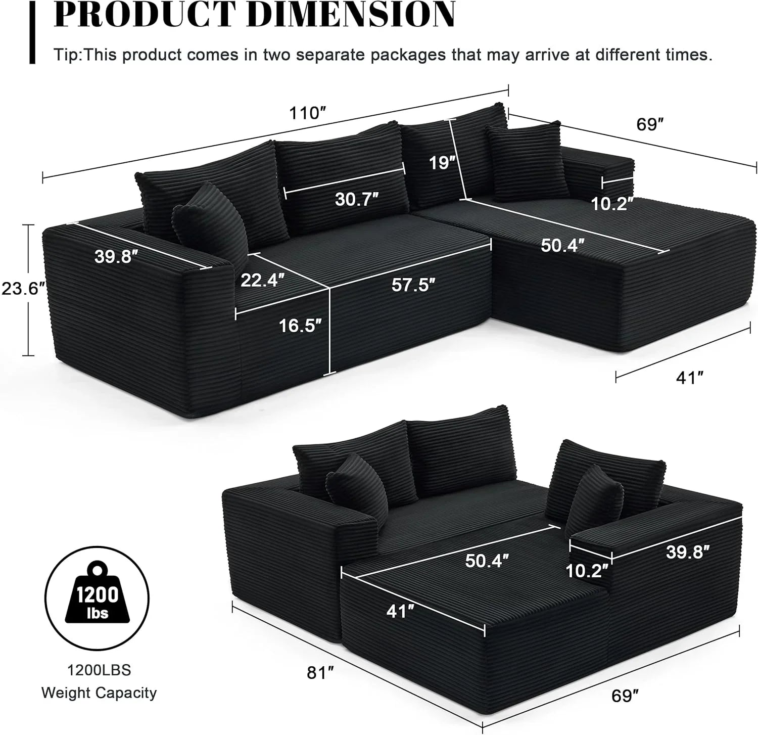Canapé nuage de 110 pouces, canapé désossé dans le salon, canapé modulable avec sièges profonds