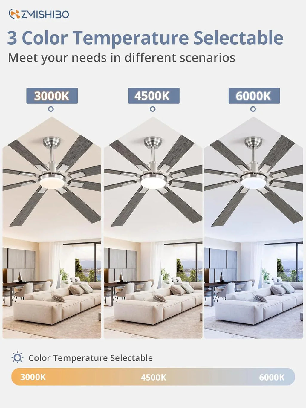 Grand ventilateur de plafond Zmishibo de 72 pouces avec éclairage et télécommande intérieur/extérieur