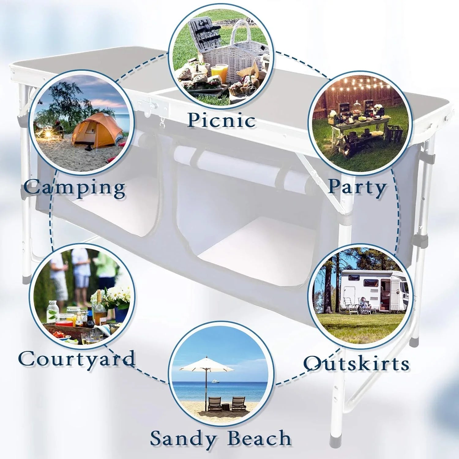Table pliante d'extérieur en aluminium, légère, réglable en hauteur, avec rangement, pour barbecue, fête, camping