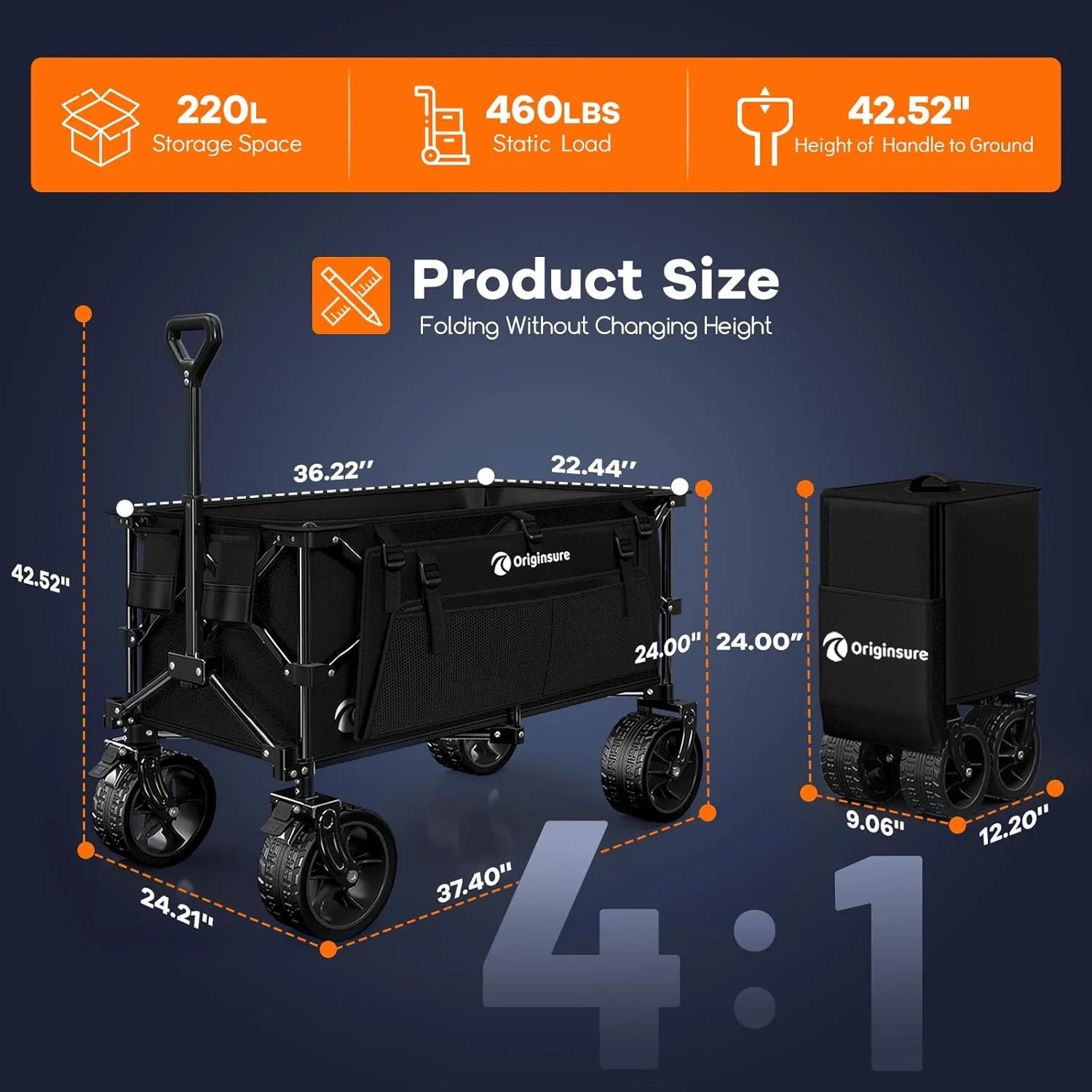 Poussette pliable à quatre roues de 96 cm de long, pliable, capacité de 200 kg, poussette de plage pliable robuste de 220 litres avec de grands pneus tout-terrain
