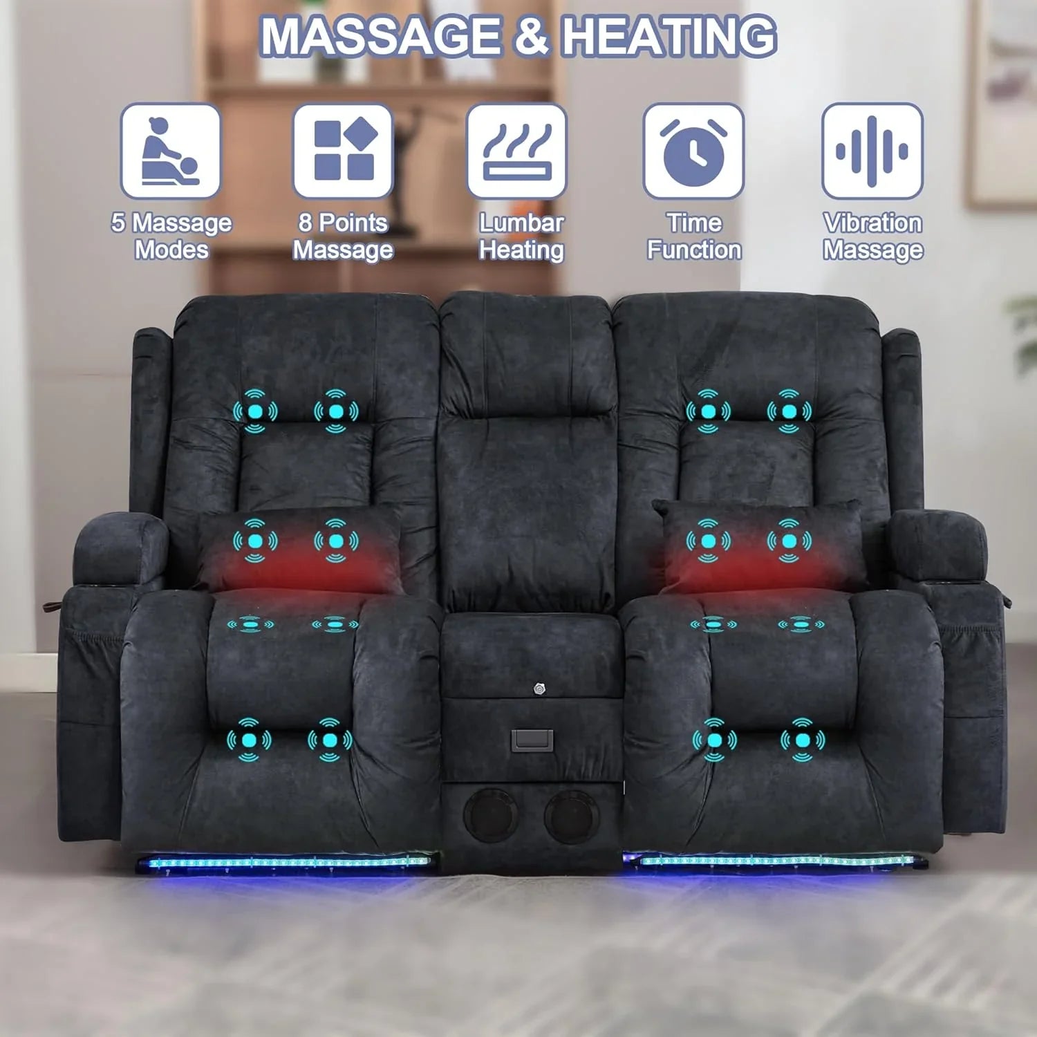 Canapé inclinable électrique TUNYI avec fonctions massage et chauffage, siège home cinéma avec console, canapé inclinable électrique pour camping-car