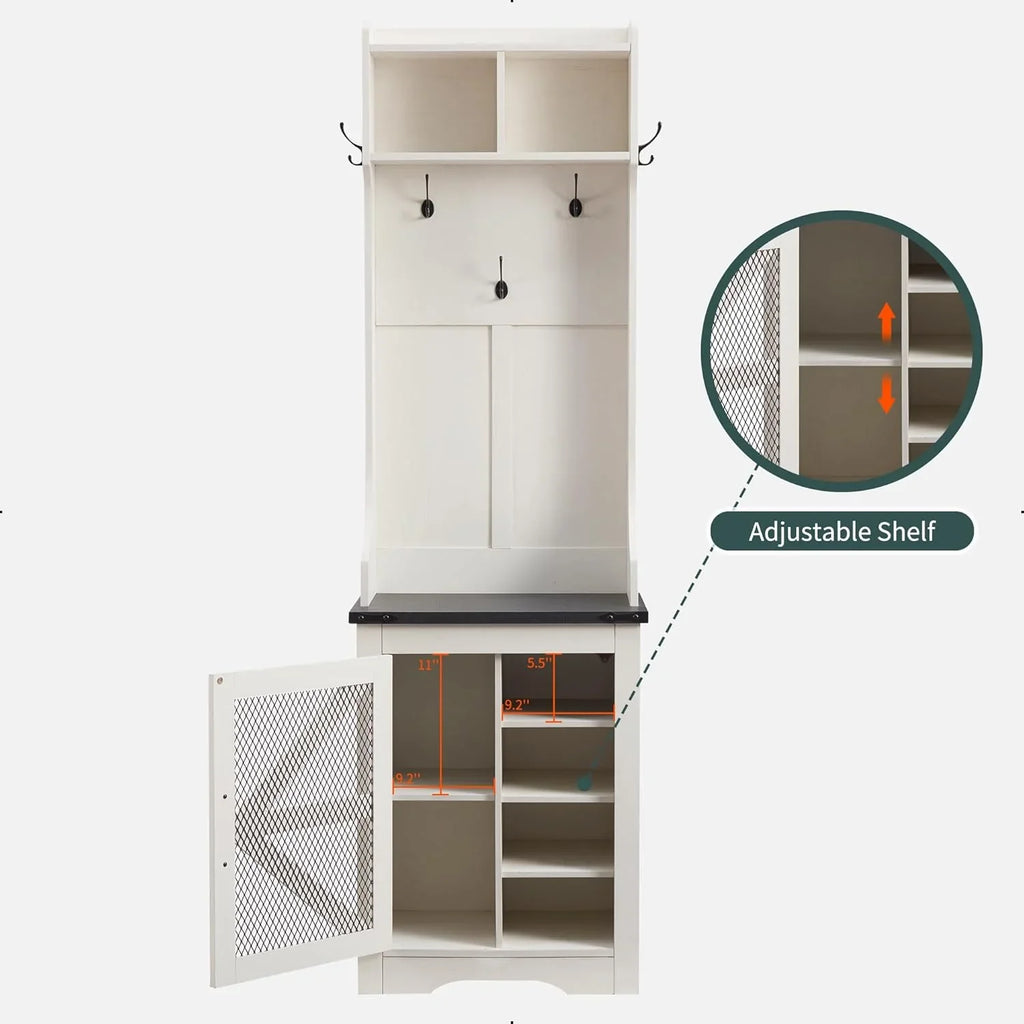 JXQTLINGMU Arbre de foyer de ferme de 59 pouces avec rangement pour chaussures, banc d'entrée, porte-manteau, armoire
