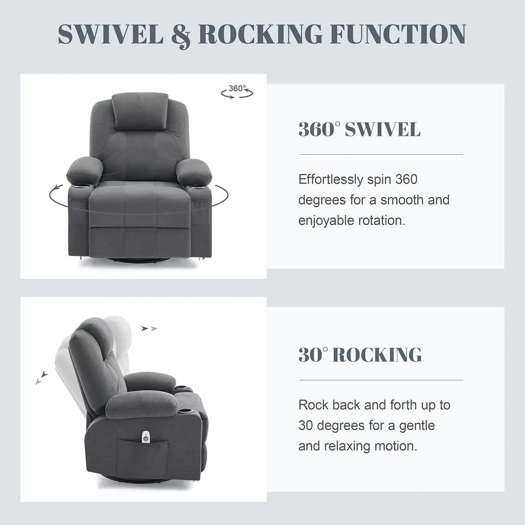 Grand fauteuil inclinable pivotant à bascule avec fonction chauffage et massage, canapé simple pivotant à 360 degrés