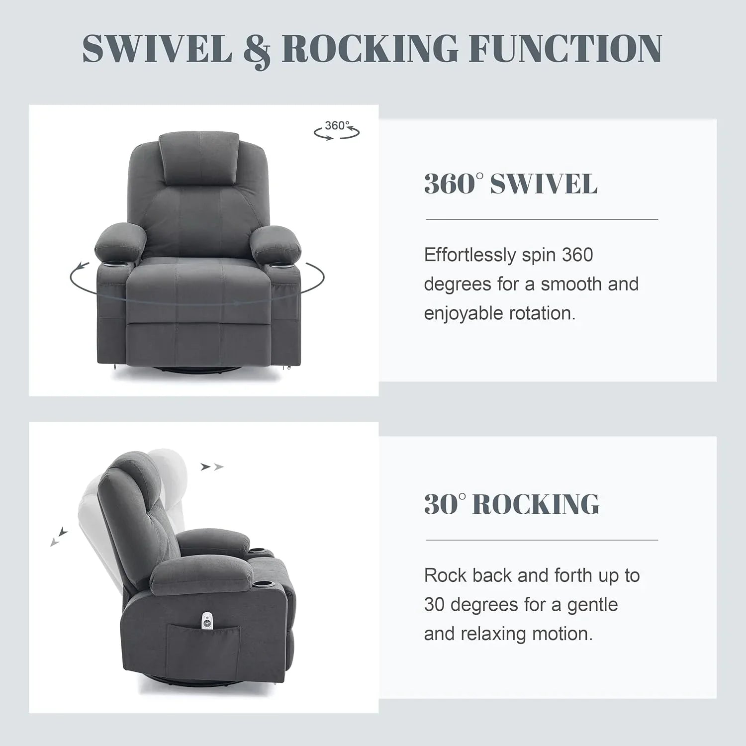 Grand fauteuil inclinable pivotant à bascule avec fonction chauffage et massage, canapé simple pivotant à 360 degrés