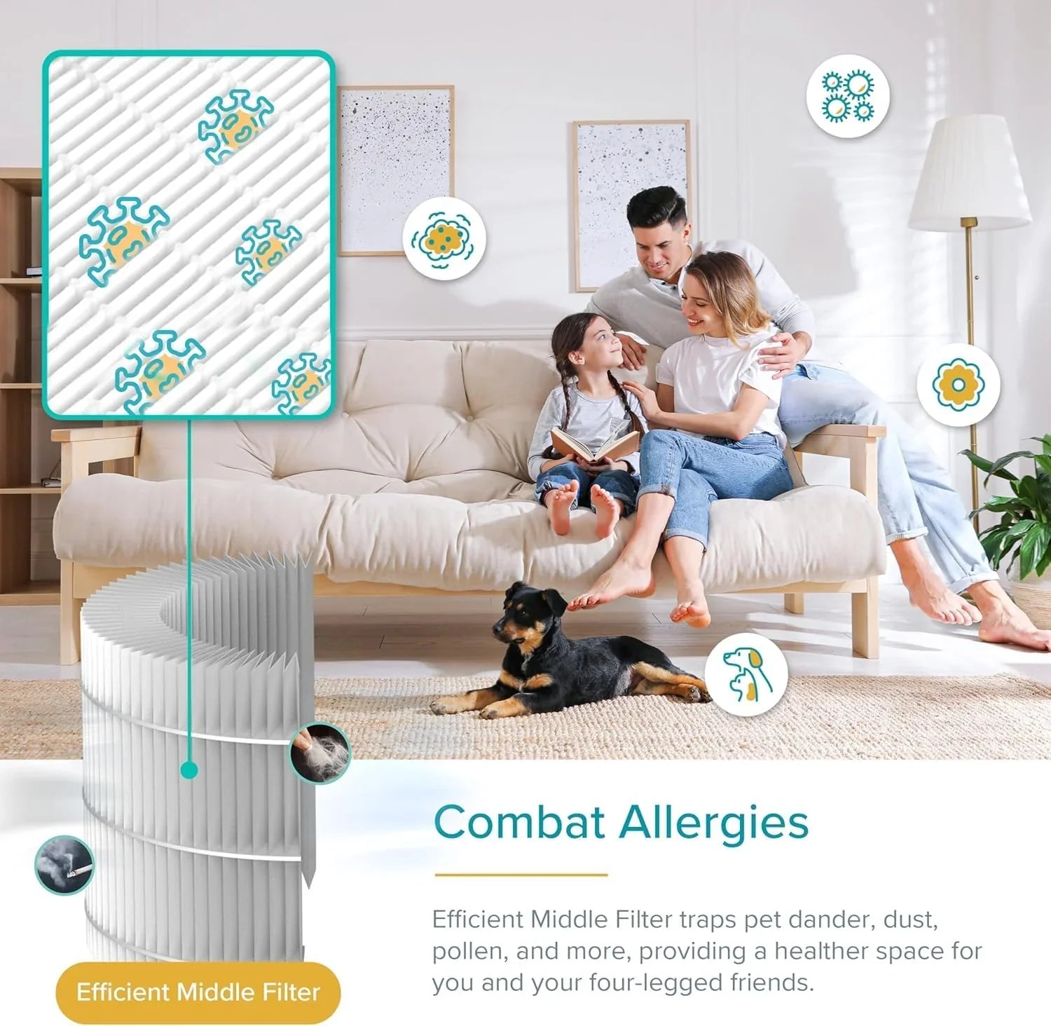 Purificateur d'air pour les allergies et les poils d'animaux dans la chambre, moteur à couple élevé de 56 W
