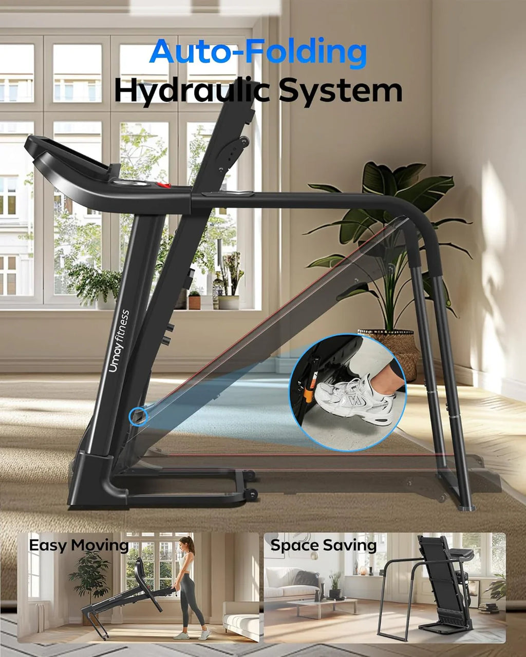 Tapis de course pliable et inclinable UMAY avec capteur de fréquence cardiaque et faible bruit