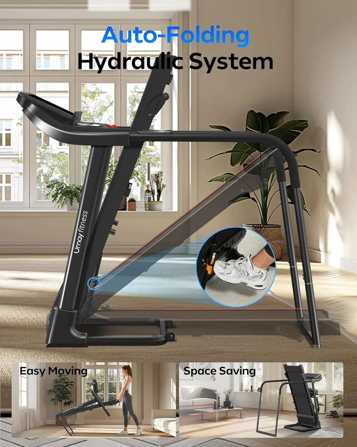 Tapis de course pliable et inclinable UMAY avec capteur de fréquence cardiaque et faible bruit