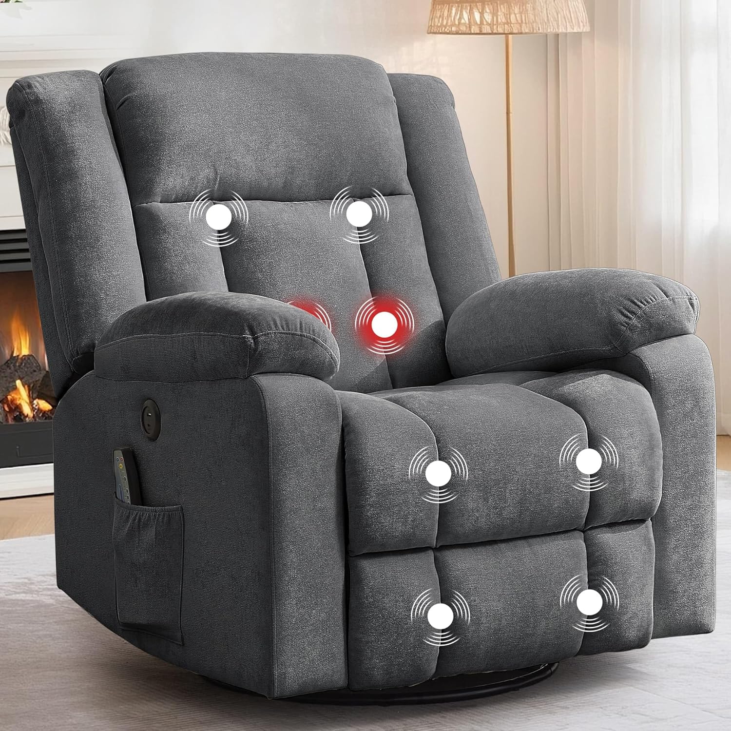 Fauteuil à bascule pour adulte, fauteuil inclinable coulissant, fauteuil à bascule rotatif à 360° avec fonction massage et chauffage