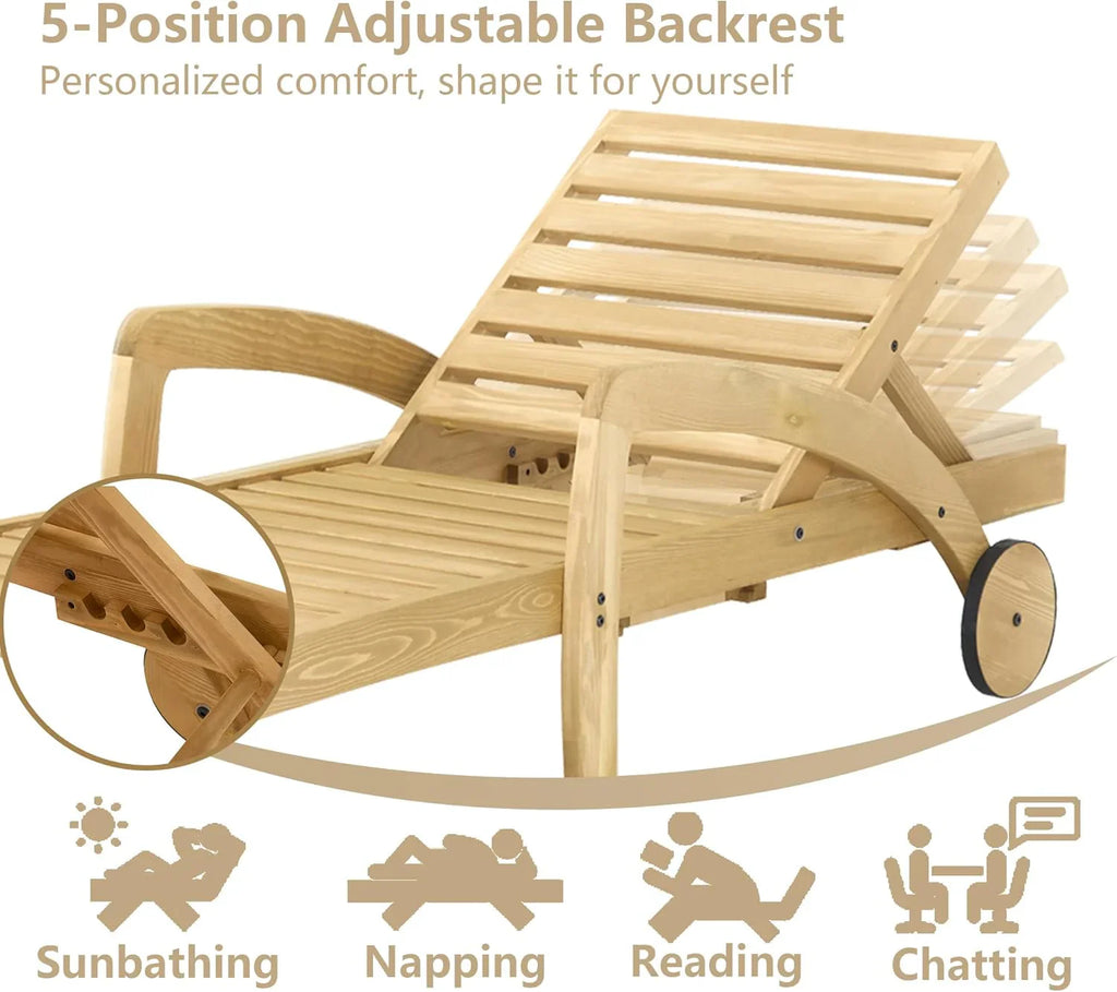 Chaise longue de piscine réglable à 5 positions Chaise longue en bois avec table d'appoint coulissante