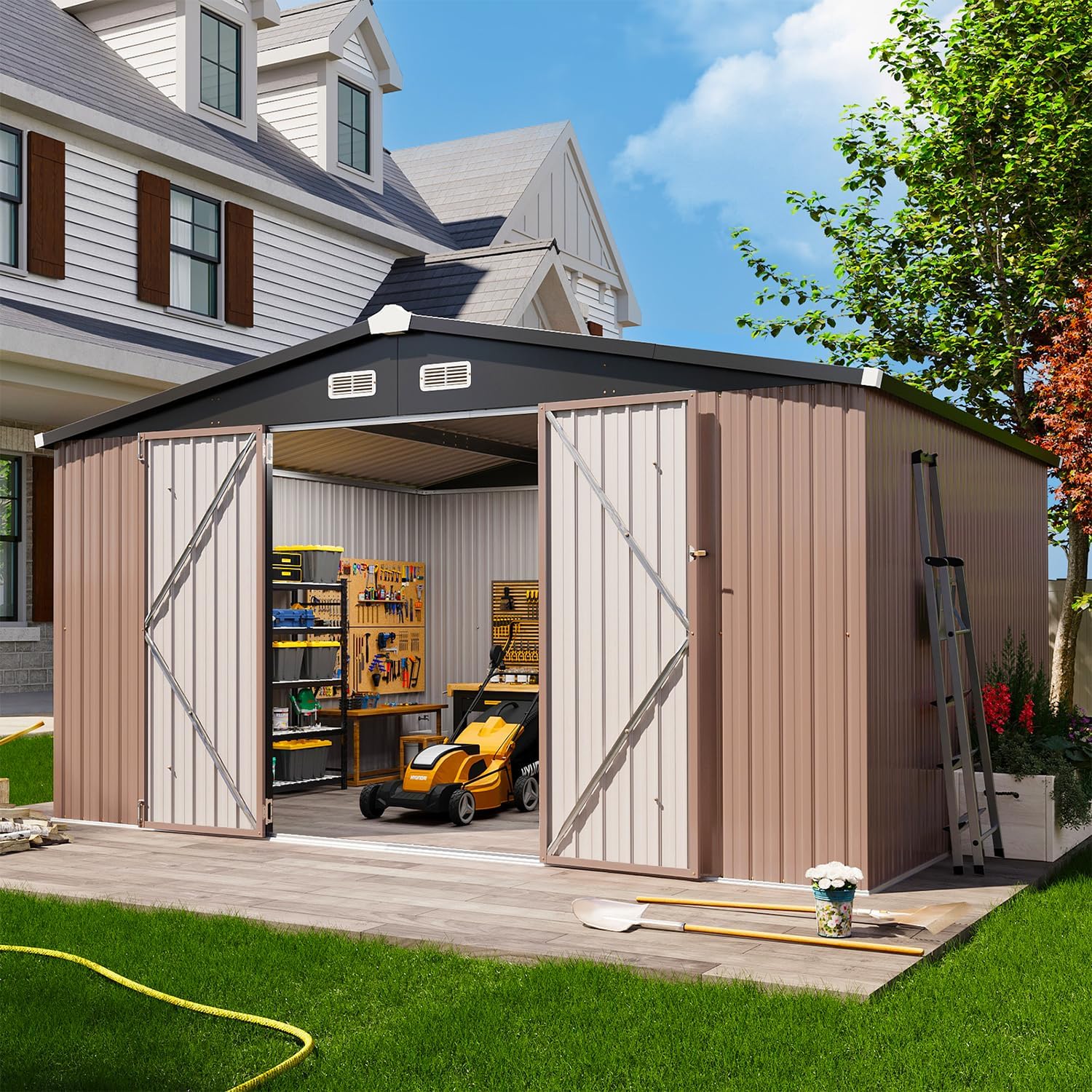 Abri de jardin en métal Aoxun 3,6 x 3 m, abri de jardin extérieur étanche, abri de jardin multifonctionnel en acier avec porte et serrure