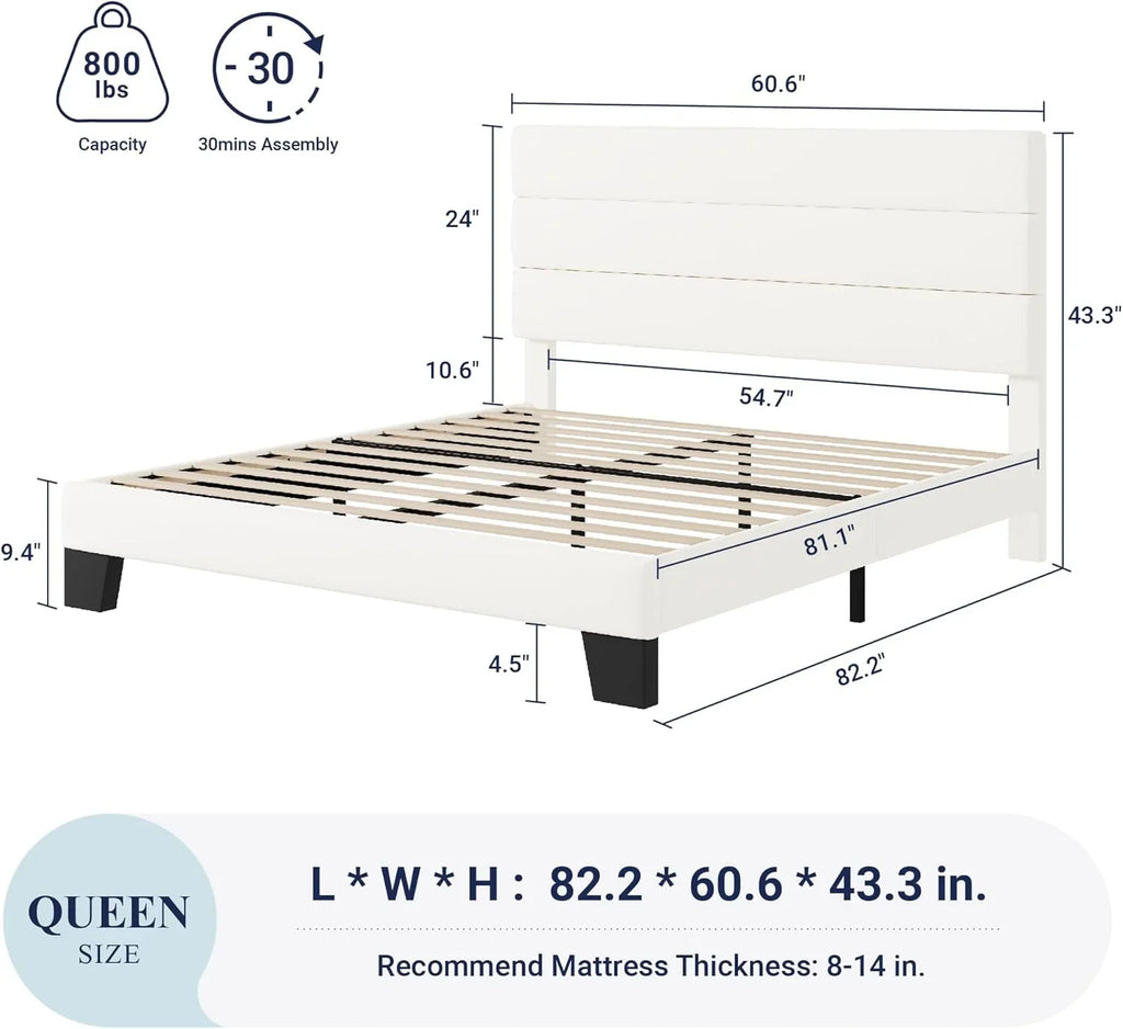Cadre de lit plateforme Allewie Queen Size avec tête de lit rembourrée en tissu et support à lattes en bois, sommier entièrement rembourré (pas besoin de sommier)