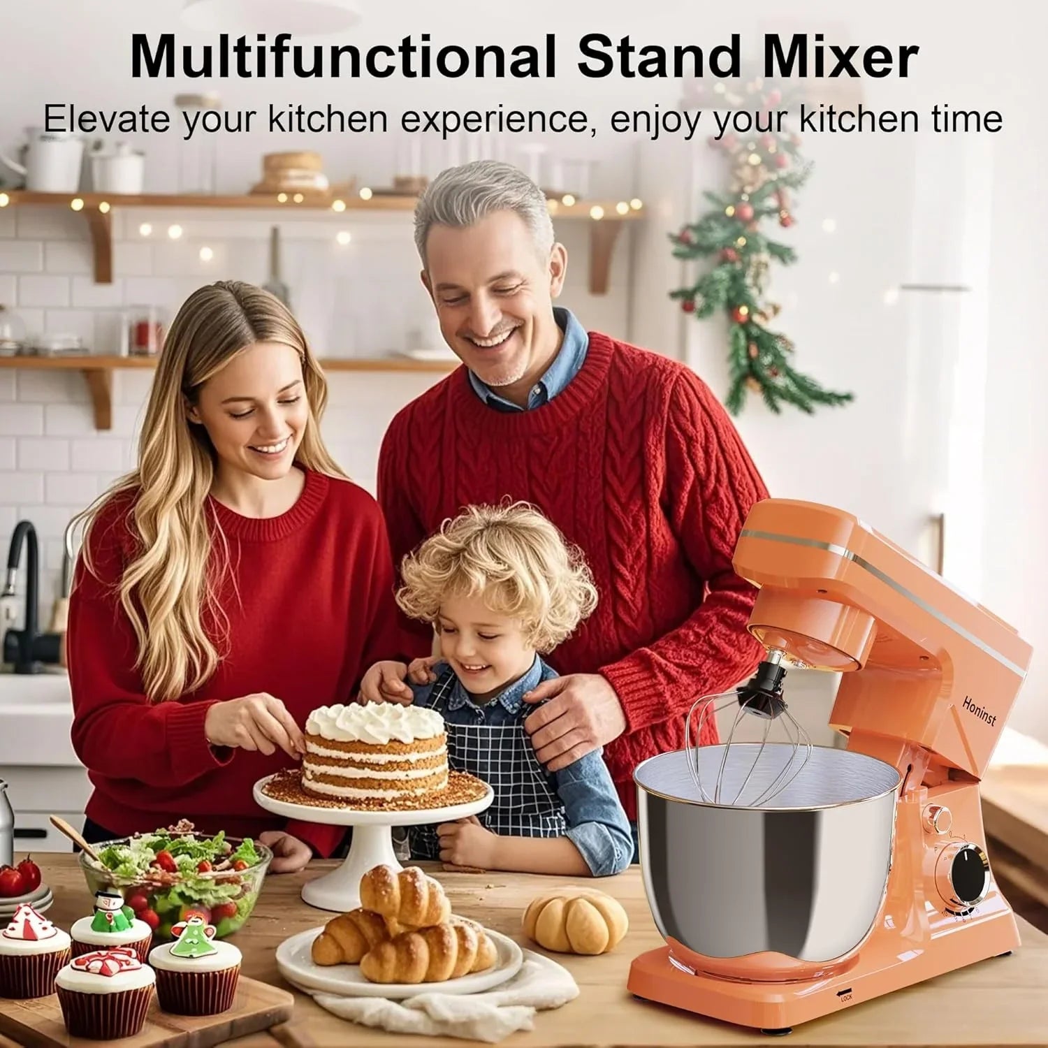 Batteur sur socle 10 vitesses avec protection anti-éclaboussures 8 en 1, tête inclinable, bol en acier inoxydable de 6 litres + crochet pétrisseur/fouet/mixeur/grattoir lavable au lave-vaisselle