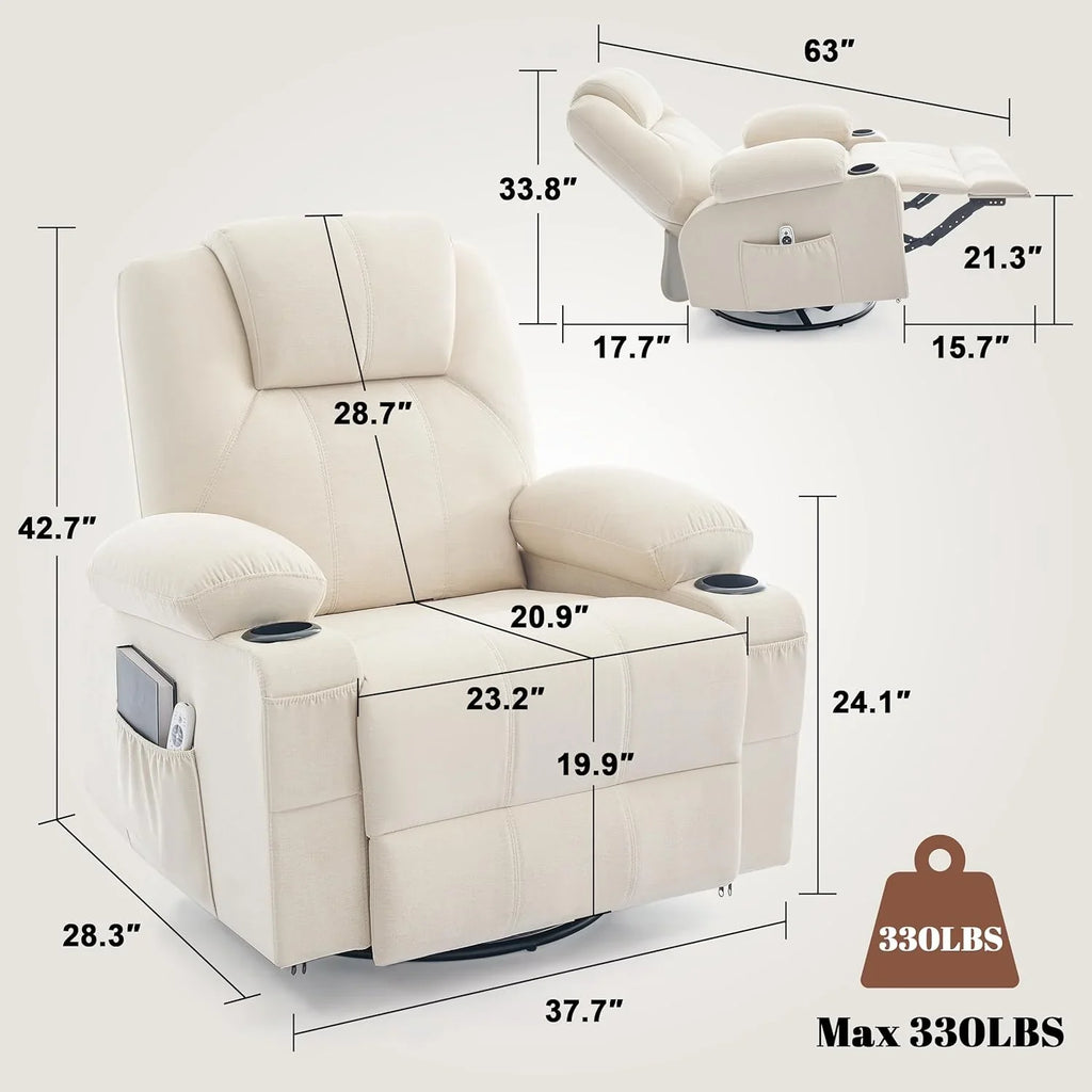 Grand fauteuil inclinable pivotant à bascule avec fonction chauffage et massage, canapé simple pivotant à 360 degrés