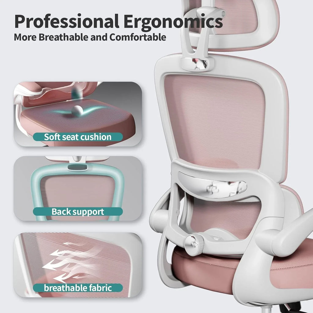 Chaise de bureau ergonomique, chaise de bureau en maille avec roulettes, capacité de charge de 150 kg, chaise de jeu confortable, dossier haut