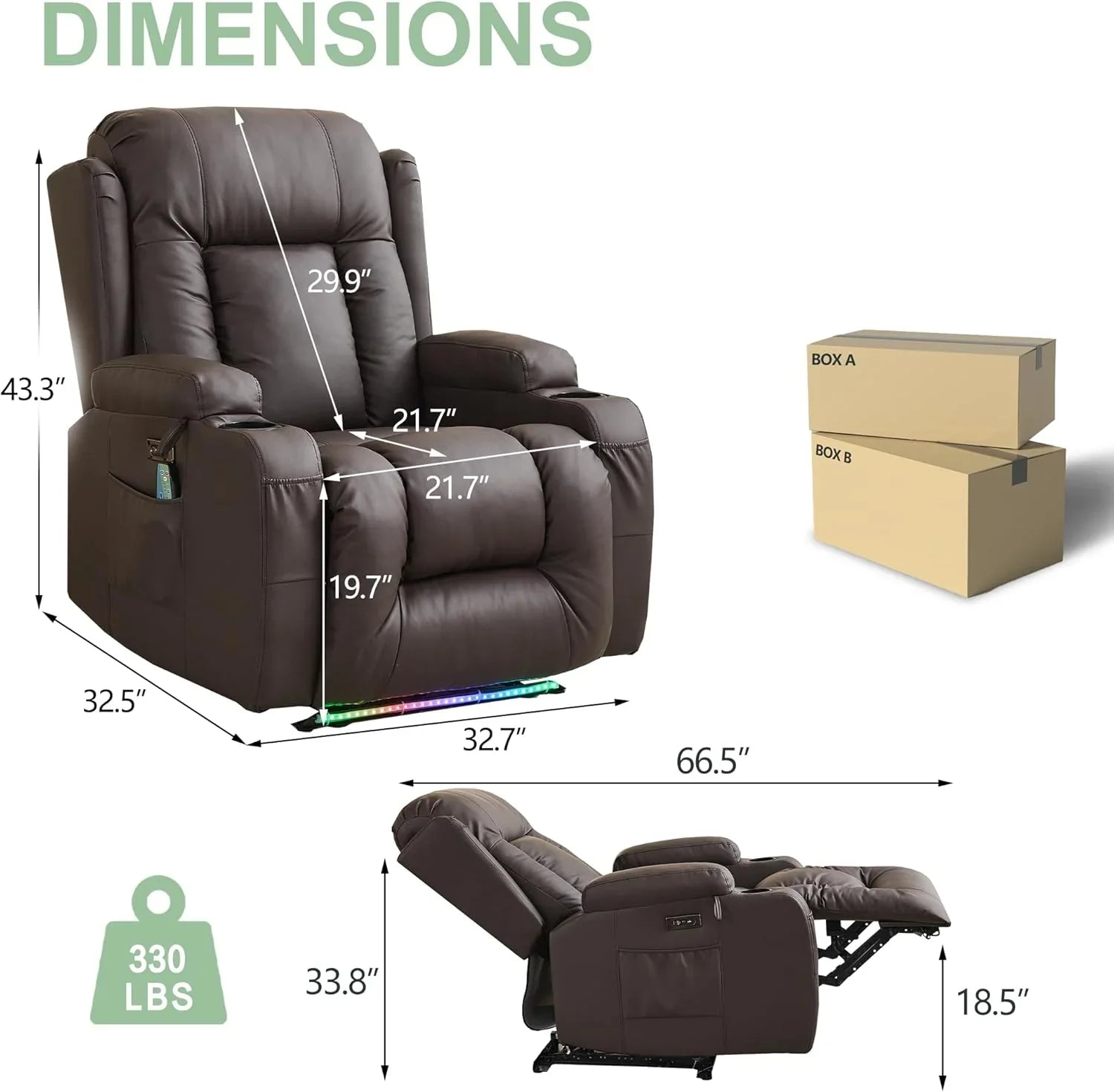 Canapé inclinable électrique TUNYI avec fonctions massage et chauffage, siège home cinéma avec console, canapé inclinable électrique pour camping-car