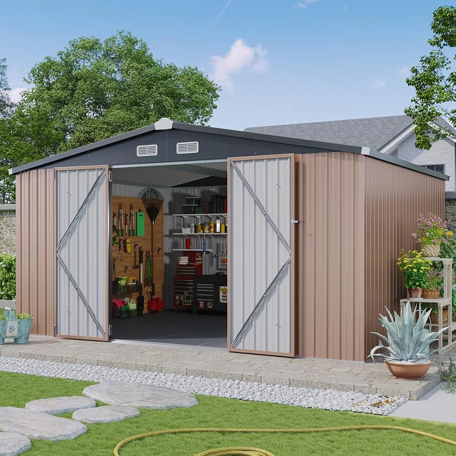 Abri de jardin en métal Aoxun 3,6 x 3 m, abri de jardin extérieur étanche, abri de jardin multifonctionnel en acier avec porte et serrure