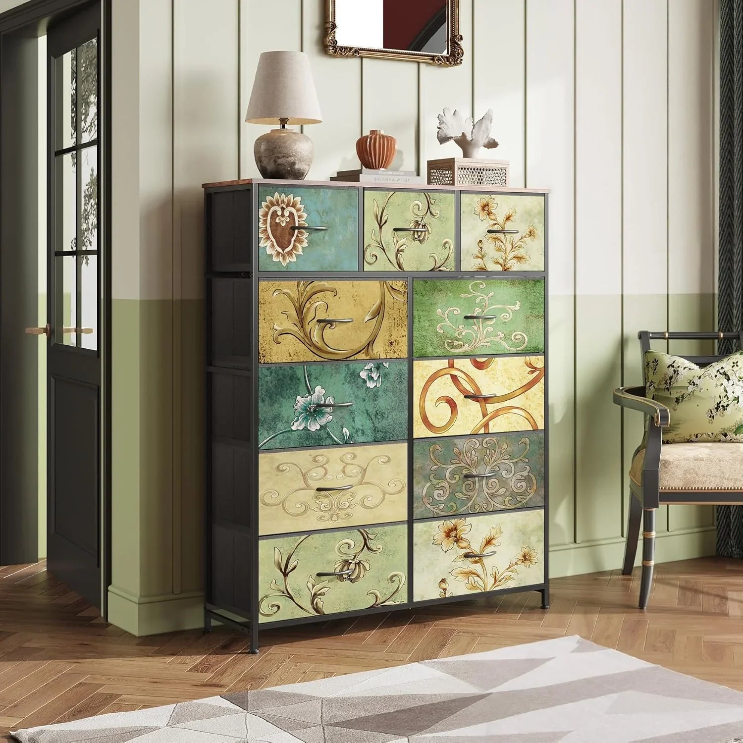 Unité de rangement avec 11 bacs en tissu, tiroirs de rangement avec cadre en acier, grande tour de rangement