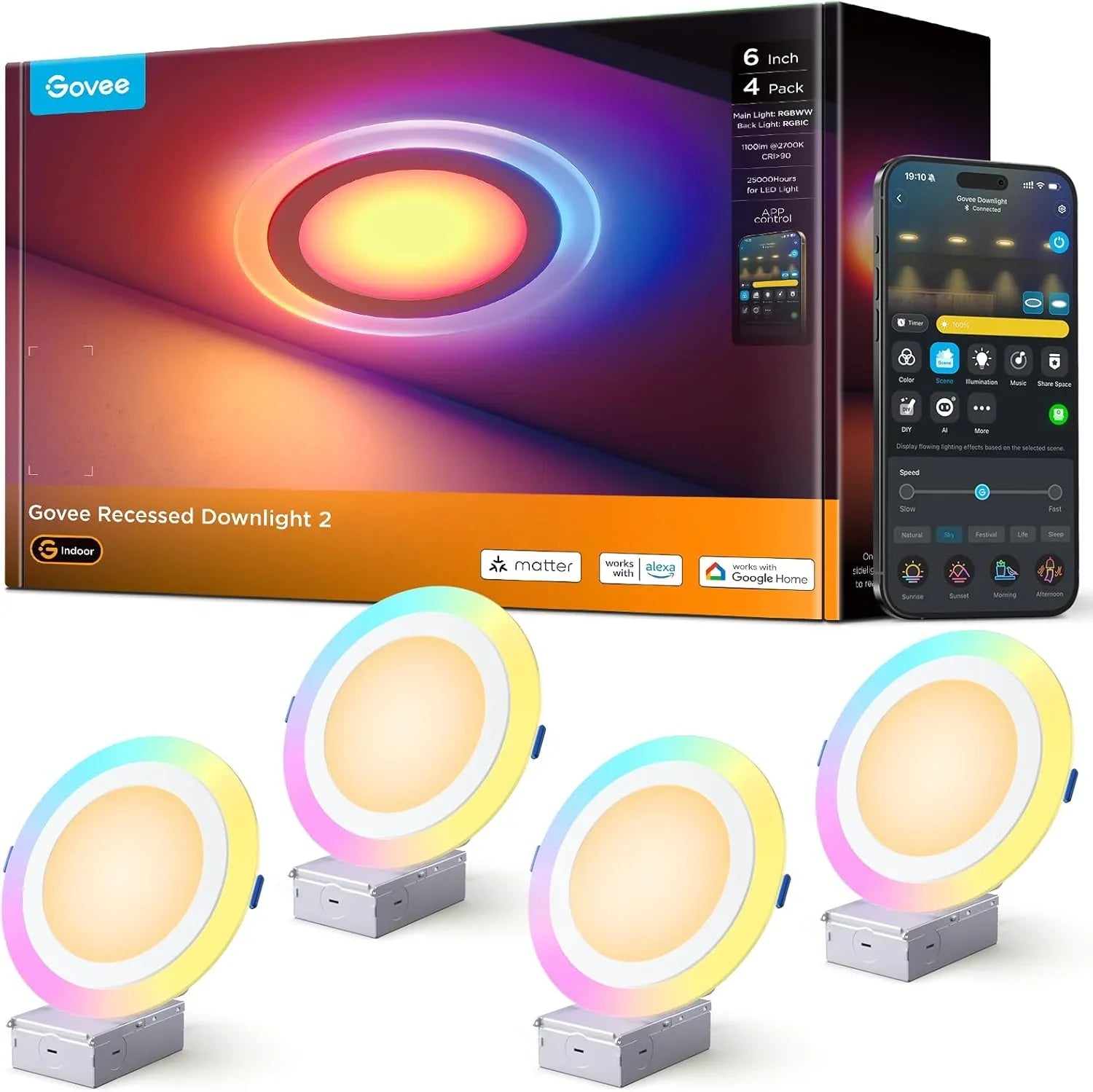 Éclairage encastré intelligent 6" à intensité variable 1100 lm sans câble avec boîte de jonction