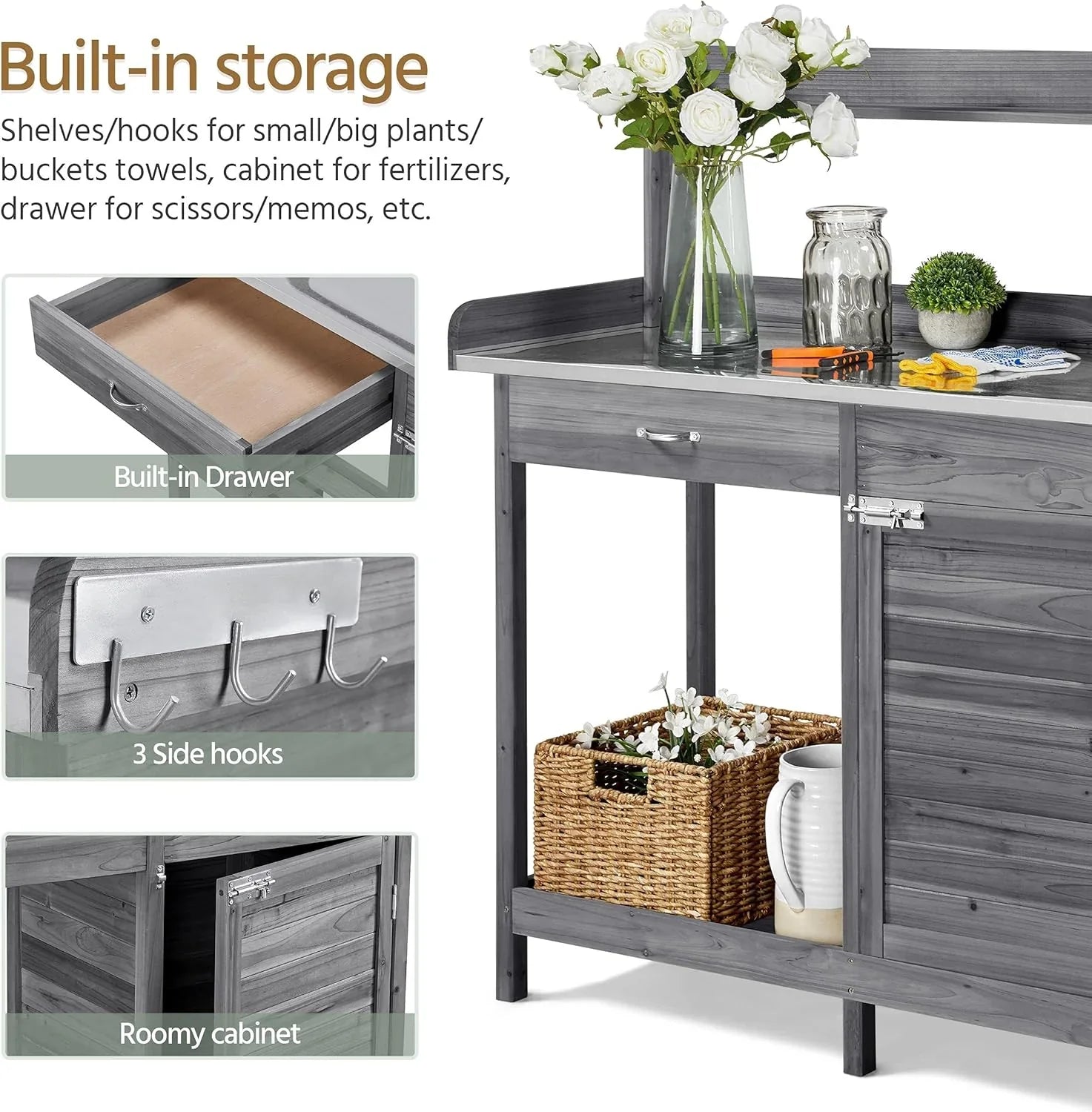 Yaheetech Banc de jardin extérieur avec plateau en métal et tiroir, étagère ouverte, bois naturel