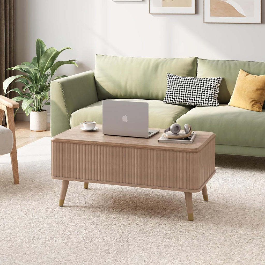 Table basse ronde avec rangement, table centrale encastrée avec portes coulissantes