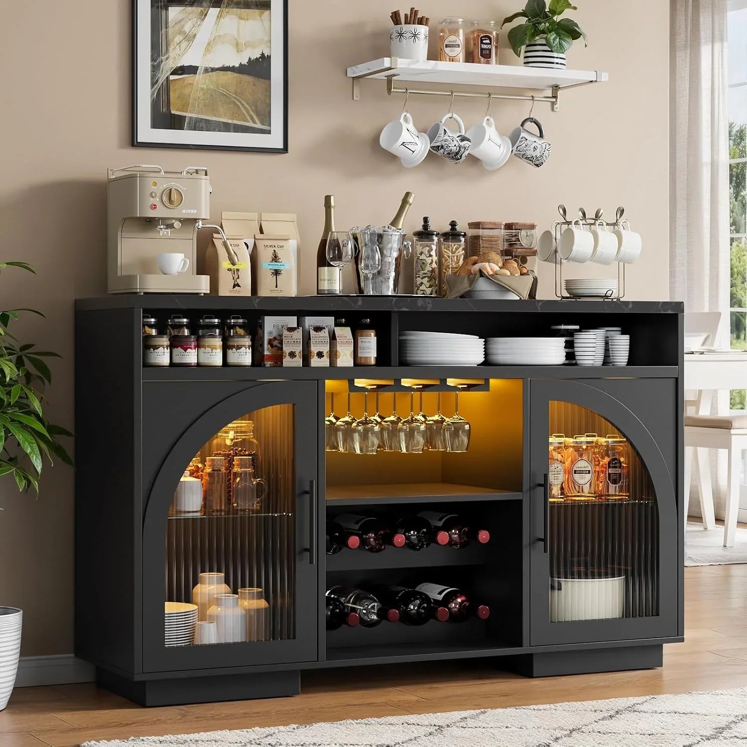 Buffet, armoire de cuisine de 54 pouces avec lumières LED et portes en verre cintrées, armoire de bar haute