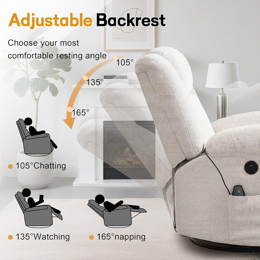 Fauteuil à bascule pour adulte, fauteuil inclinable coulissant, fauteuil à bascule rotatif à 360° avec fonction massage et chauffage