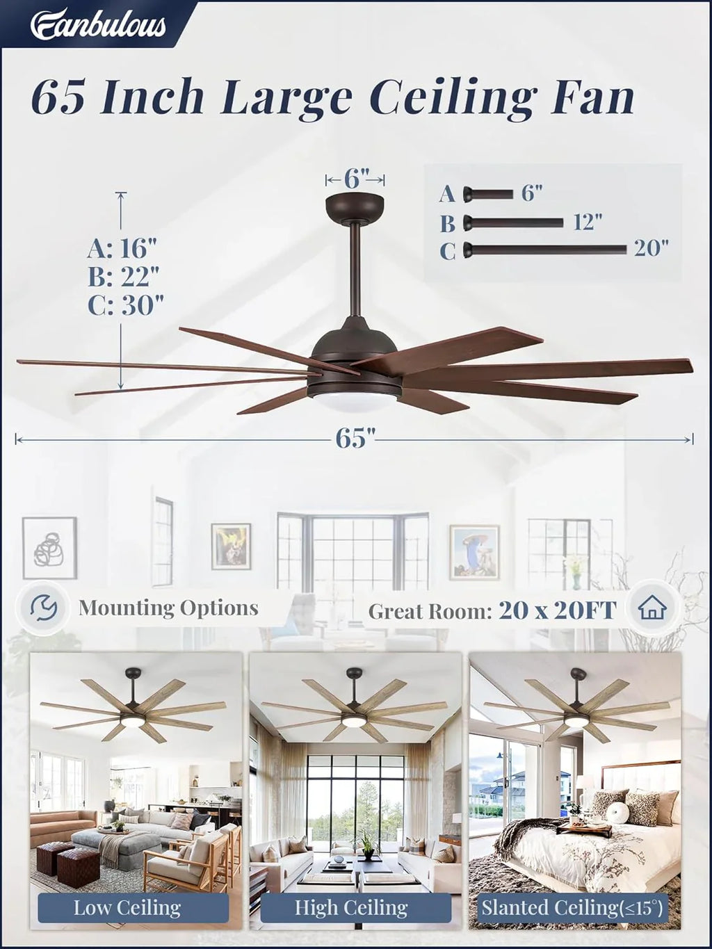 Ventilateur de plafond intérieur/extérieur 8 pales 65 pouces
