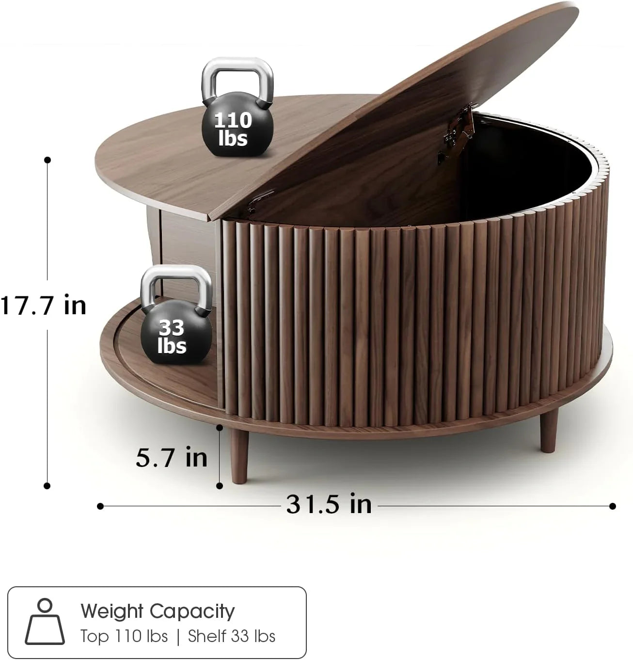 Table basse ronde avec rangement, table centrale encastrée avec portes coulissantes