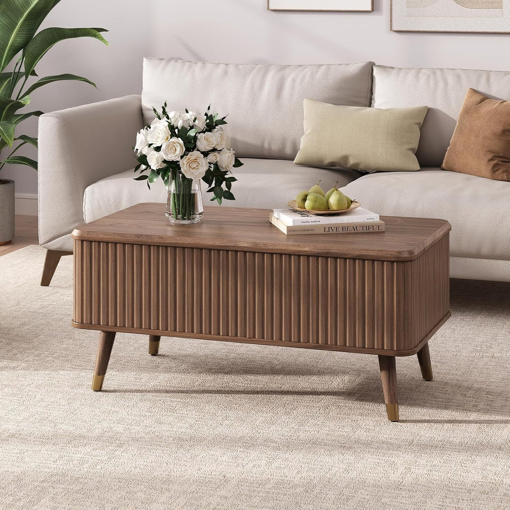 Table basse ronde avec rangement, table centrale encastrée avec portes coulissantes