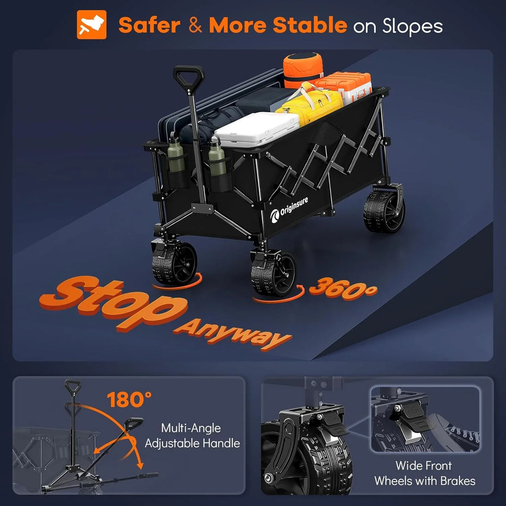 Poussette pliable à quatre roues de 96 cm de long, pliable, capacité de 200 kg, poussette de plage pliable robuste de 220 litres avec de grands pneus tout-terrain