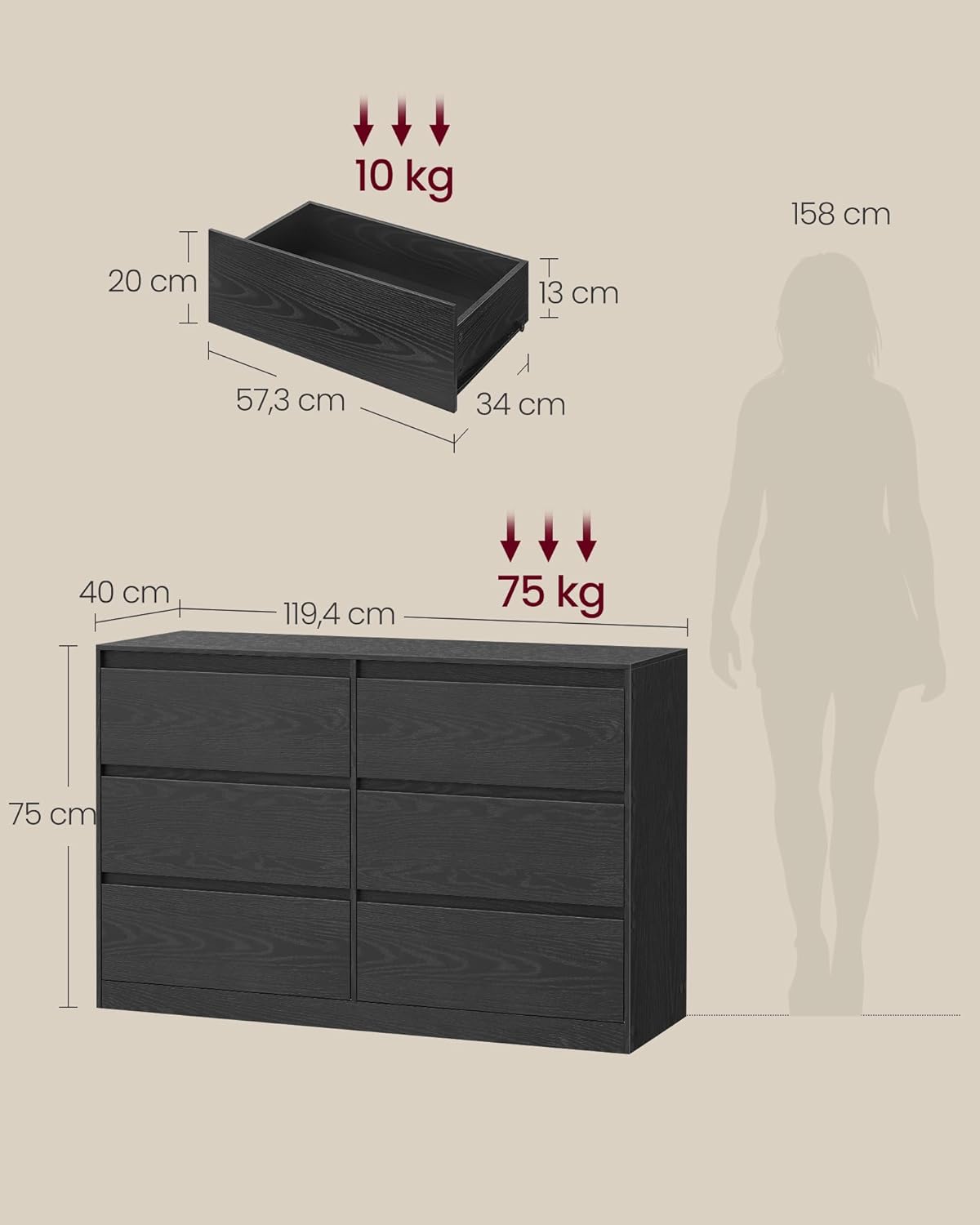 VASAGLE Kailyn Collection - Commode de Chambre à Coucher Armoire de Rangement 6 Tiroirs