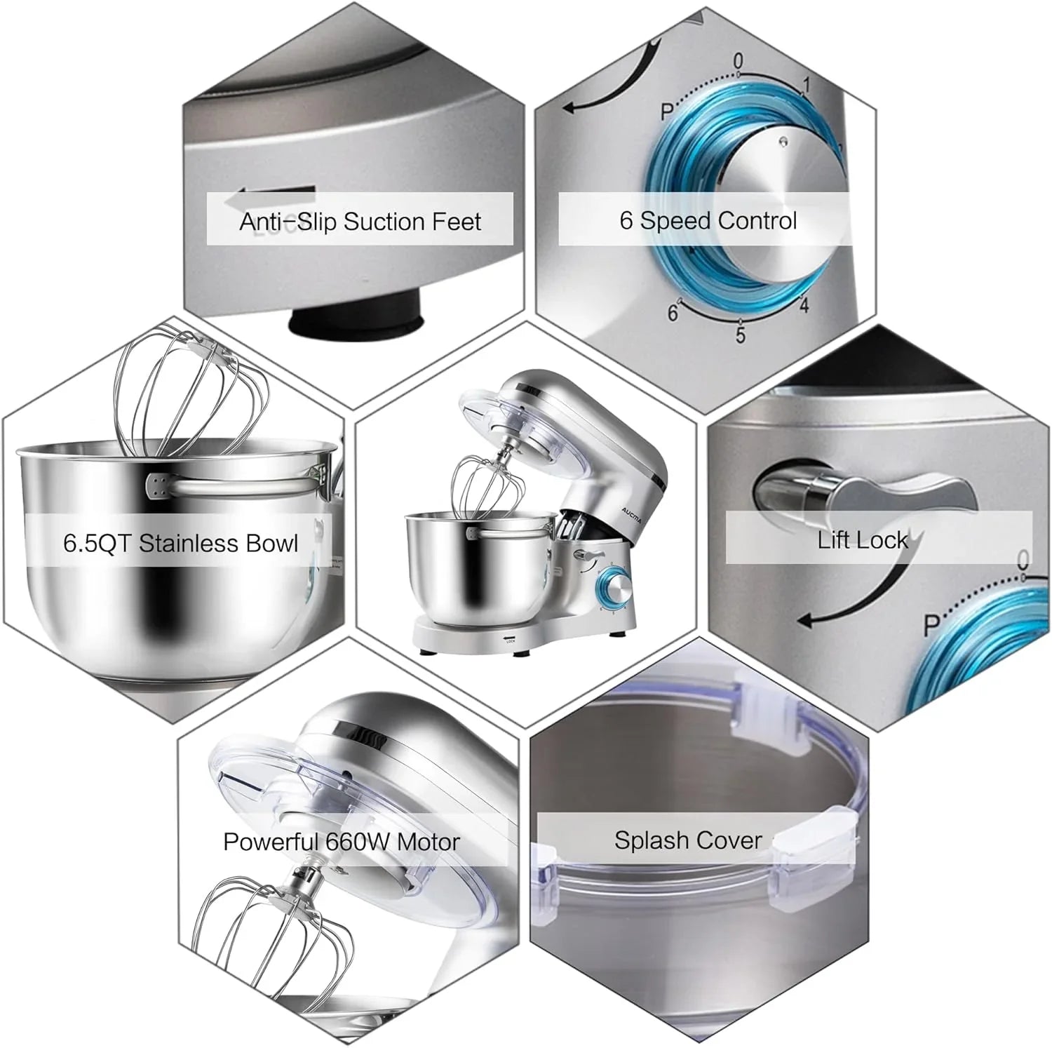 Batteur sur socle Aucma, 6,5 pintes, 660 W, 6 vitesses, tête inclinable, batteur électrique de cuisine avec crochet pétrisseur