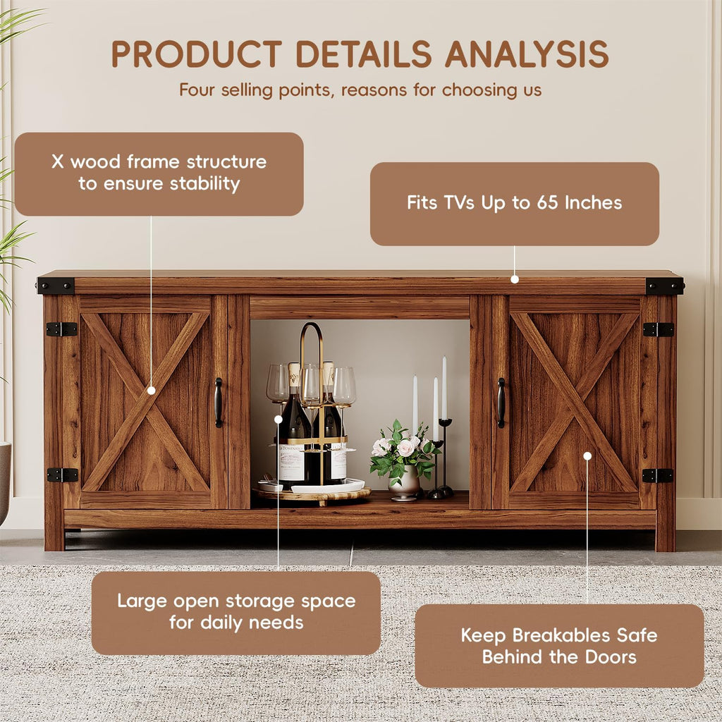 YESHOMY Meuble TV avec cheminée et deux portes de grange, armoires de rangement pour téléviseurs jusqu'à 65 pouces et plus, console de divertissement, meuble multimédia pour salon, 58 pouces