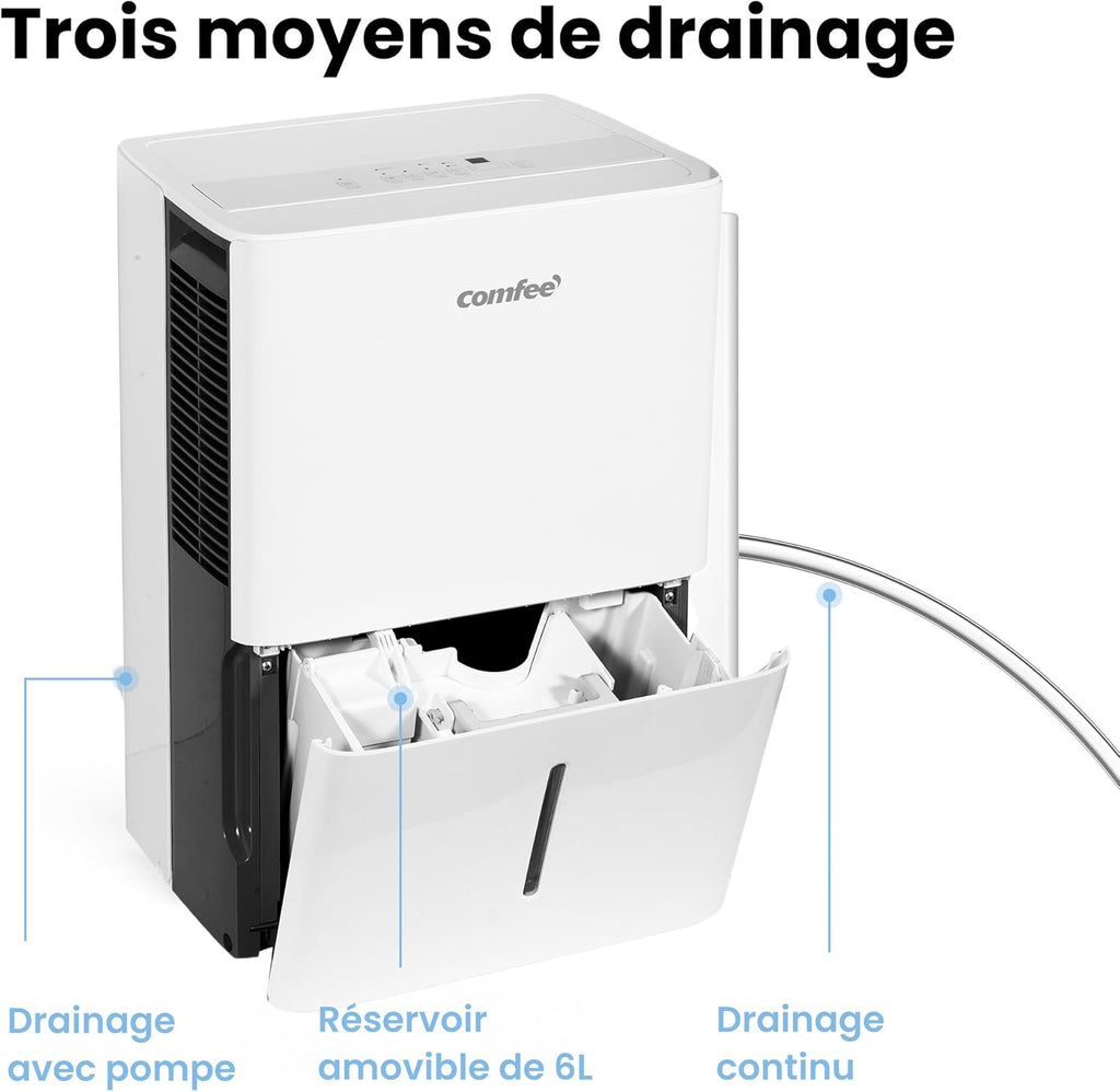 Déshumidificateur puissant COMFEE, absorbe jusqu'à 50 L/jour, sèche-linge, mode confort, grand réservoir de 6 L, minuterie 24 h, idéal pour les grandes pièces de 101 à 116 ㎡, MDDPE-50DEN7, cave, sous-sol